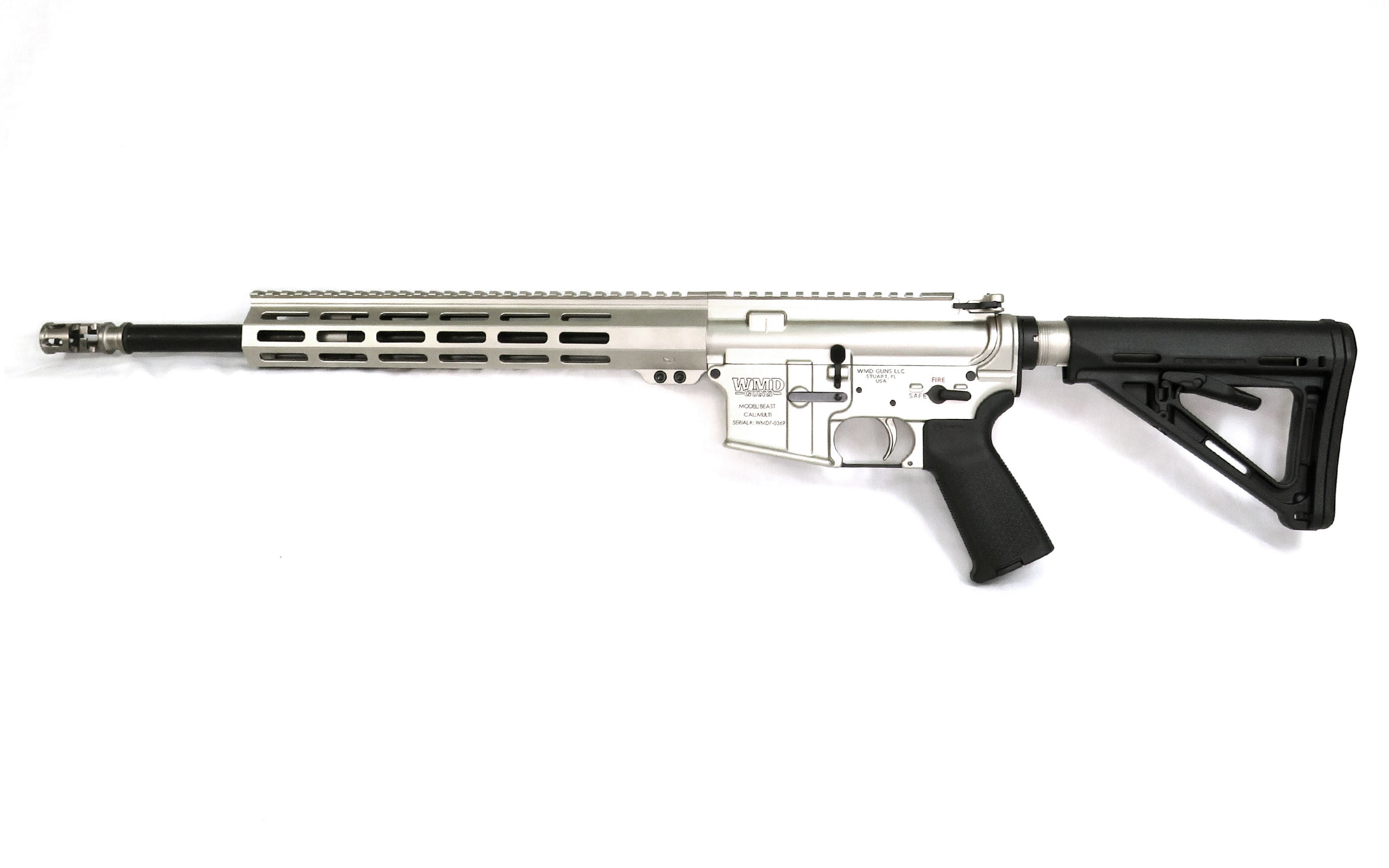 A modern semi-automatic rifle with a silver receiver, black adjustable stock, black pistol grip, and a long barrel, shown on a white background.