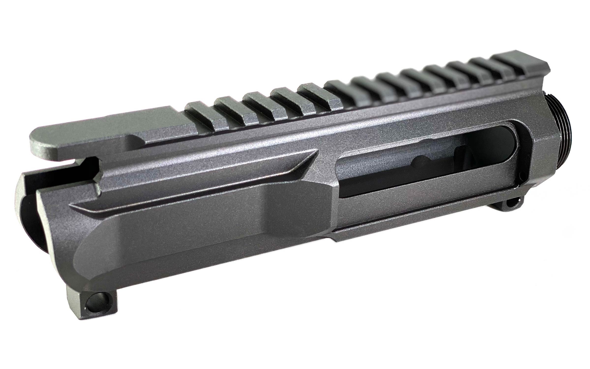 Matte black metal AR-15 upper receiver with a Picatinny rail on top, side ejection port opening, and precision-machined contours, set against a white background.
