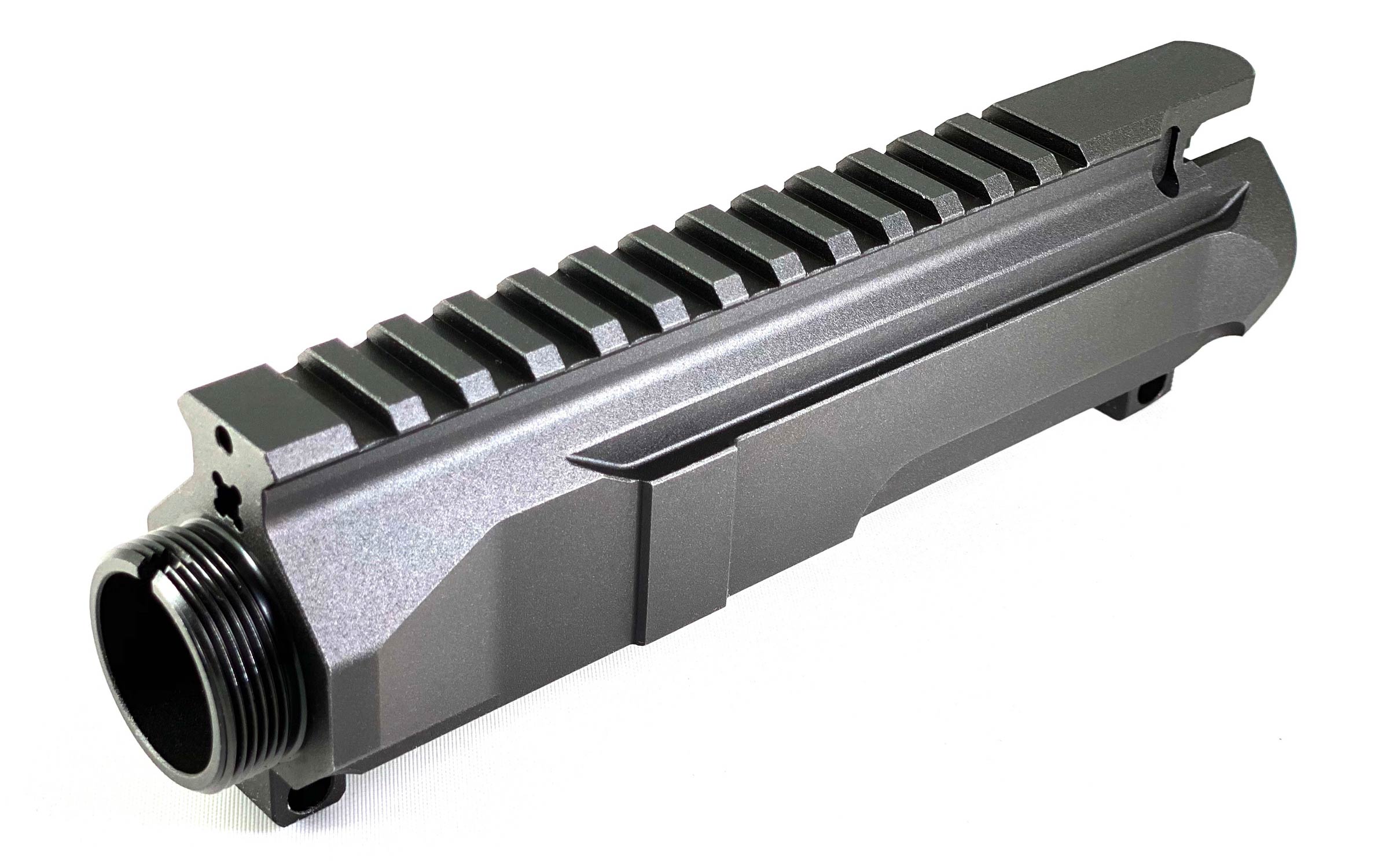 Matte black metal AR-15 upper receiver with a Picatinny rail on top, angled on a white background.