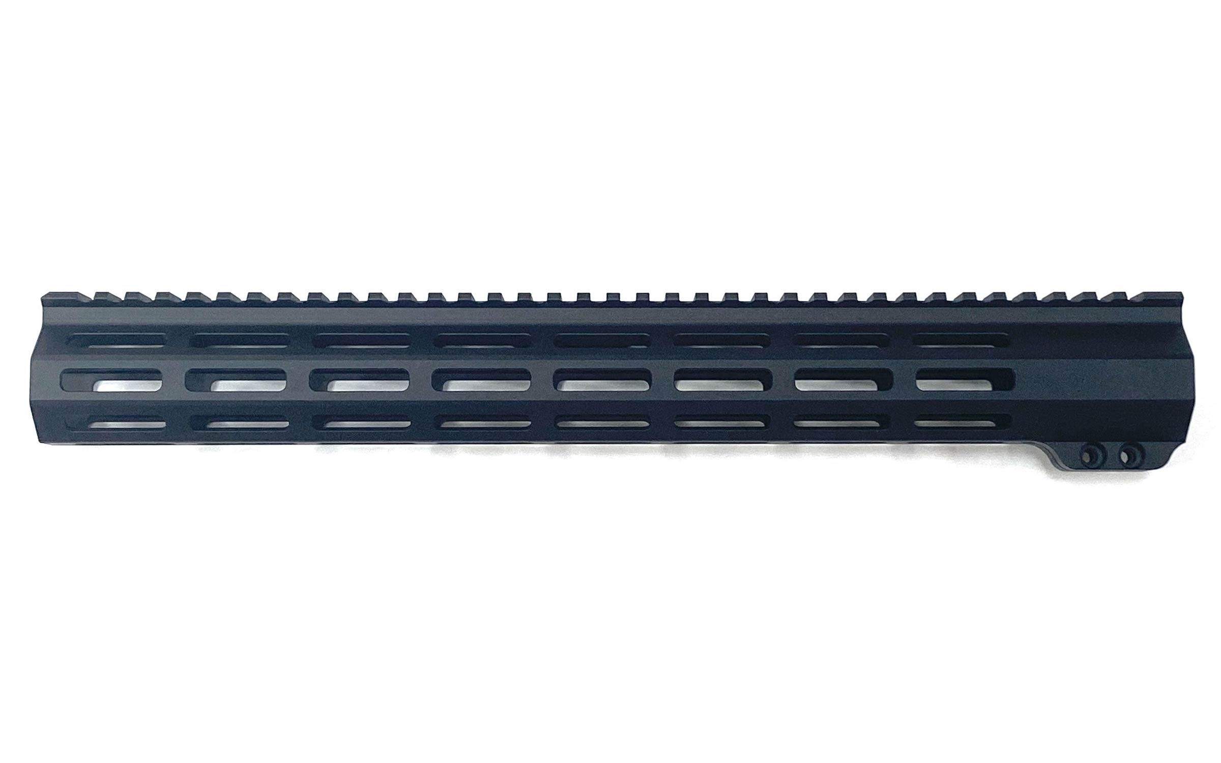 Black metal rifle handguard with multiple elongated slots and a top rail, viewed from the side against a white background.
