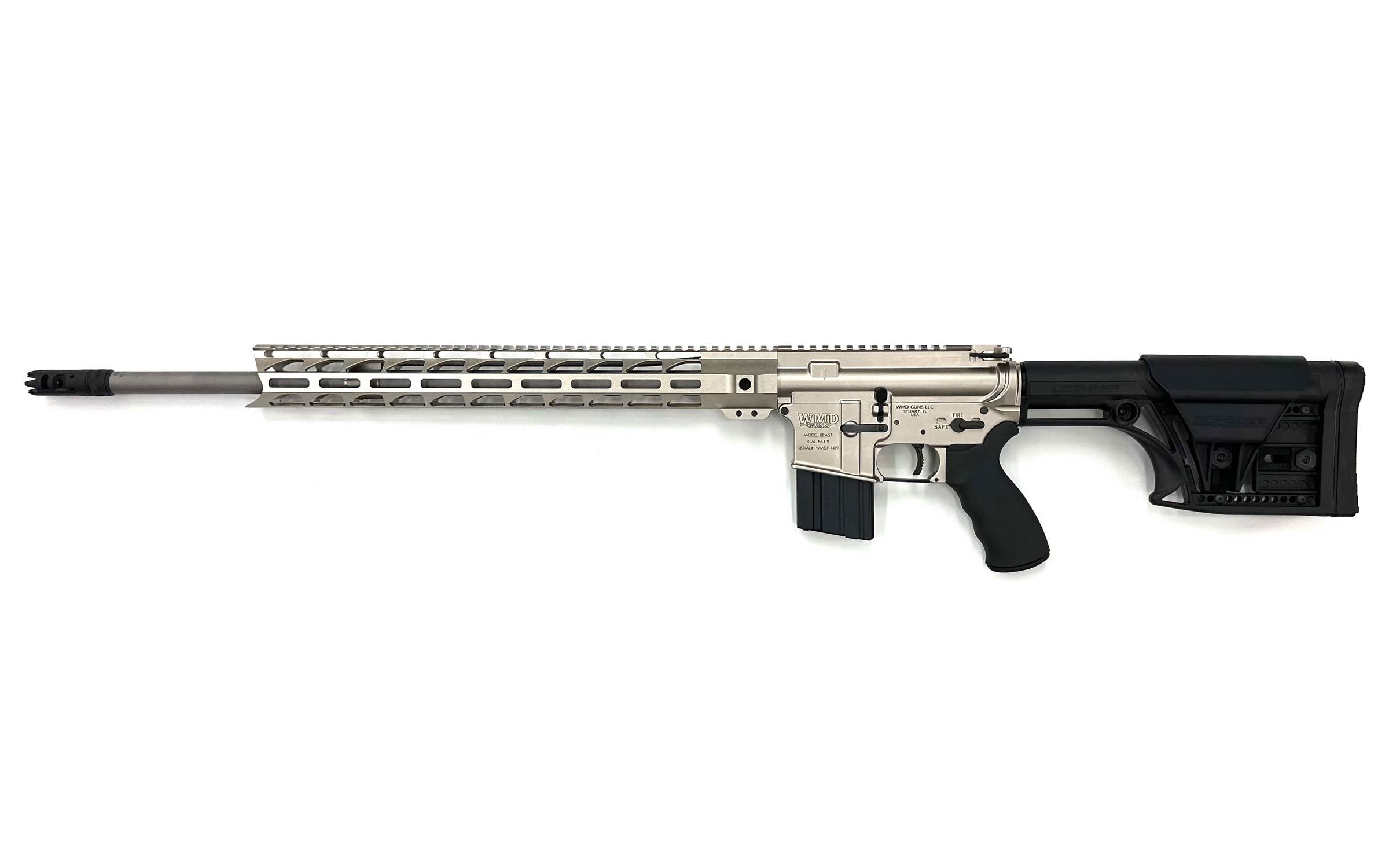 A modern semi-automatic rifle with a silver finish, long barrel, black pistol grip, black adjustable stock, and a slim handguard featuring multiple attachment slots.