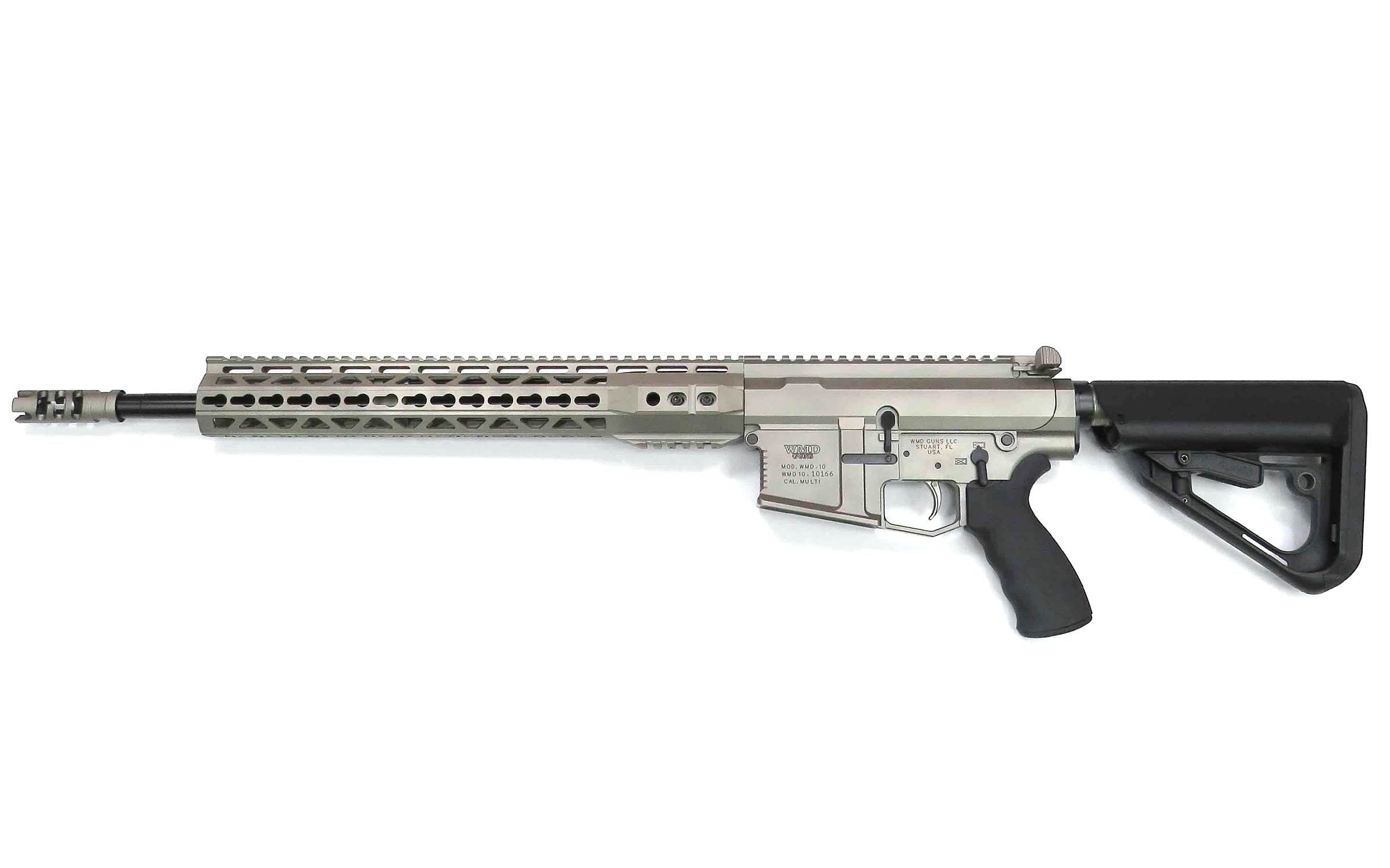 A silver semi-automatic rifle with a black adjustable stock, pistol grip, and a long ventilated handguard, shown in a side view against a white background.