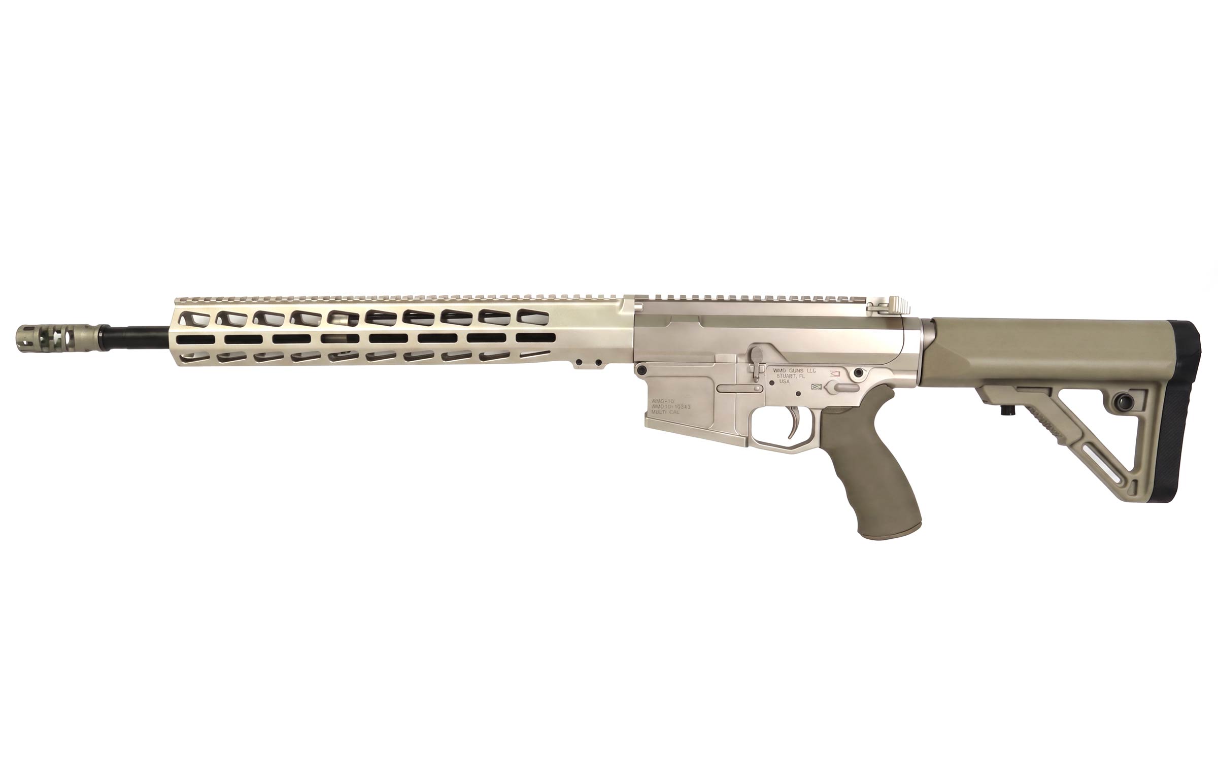 Silver and tan semi-automatic rifle with a long, vented handguard, adjustable stock, and pistol grip, displayed on a plain white background, positioned horizontally facing left.