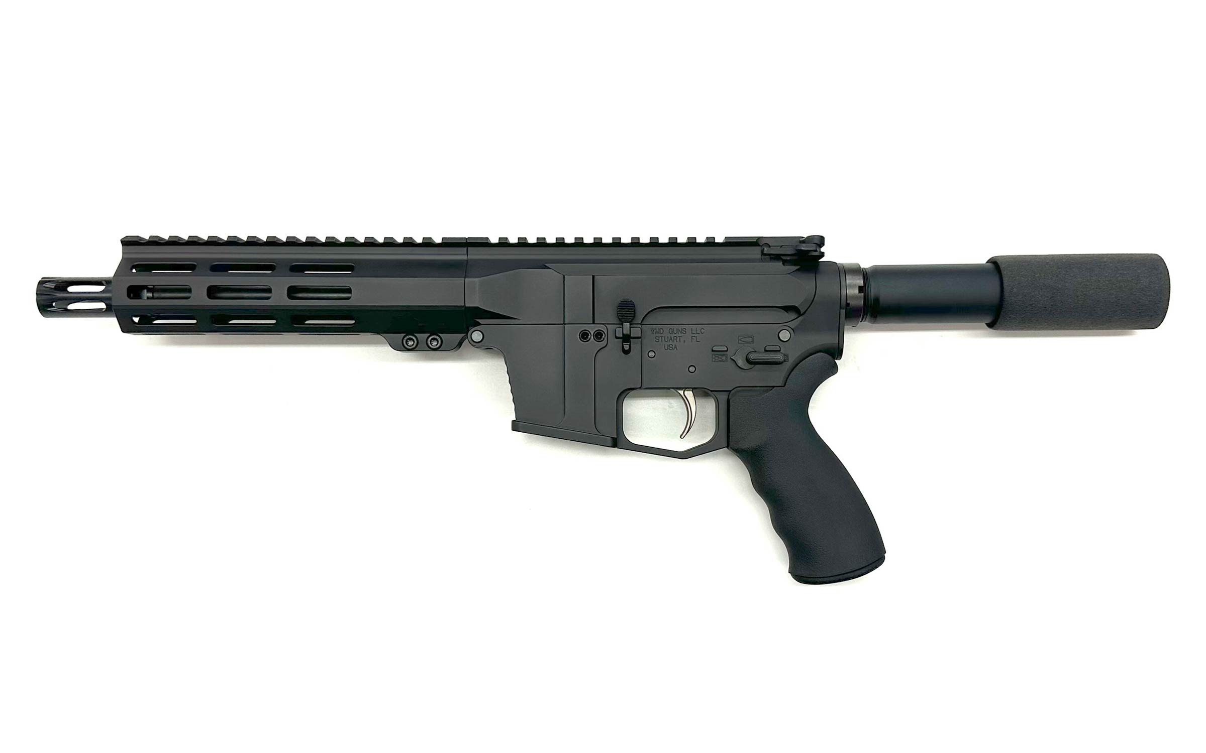 A black AR-style pistol with a short barrel, handguard, and buffer tube, shown on a white background.