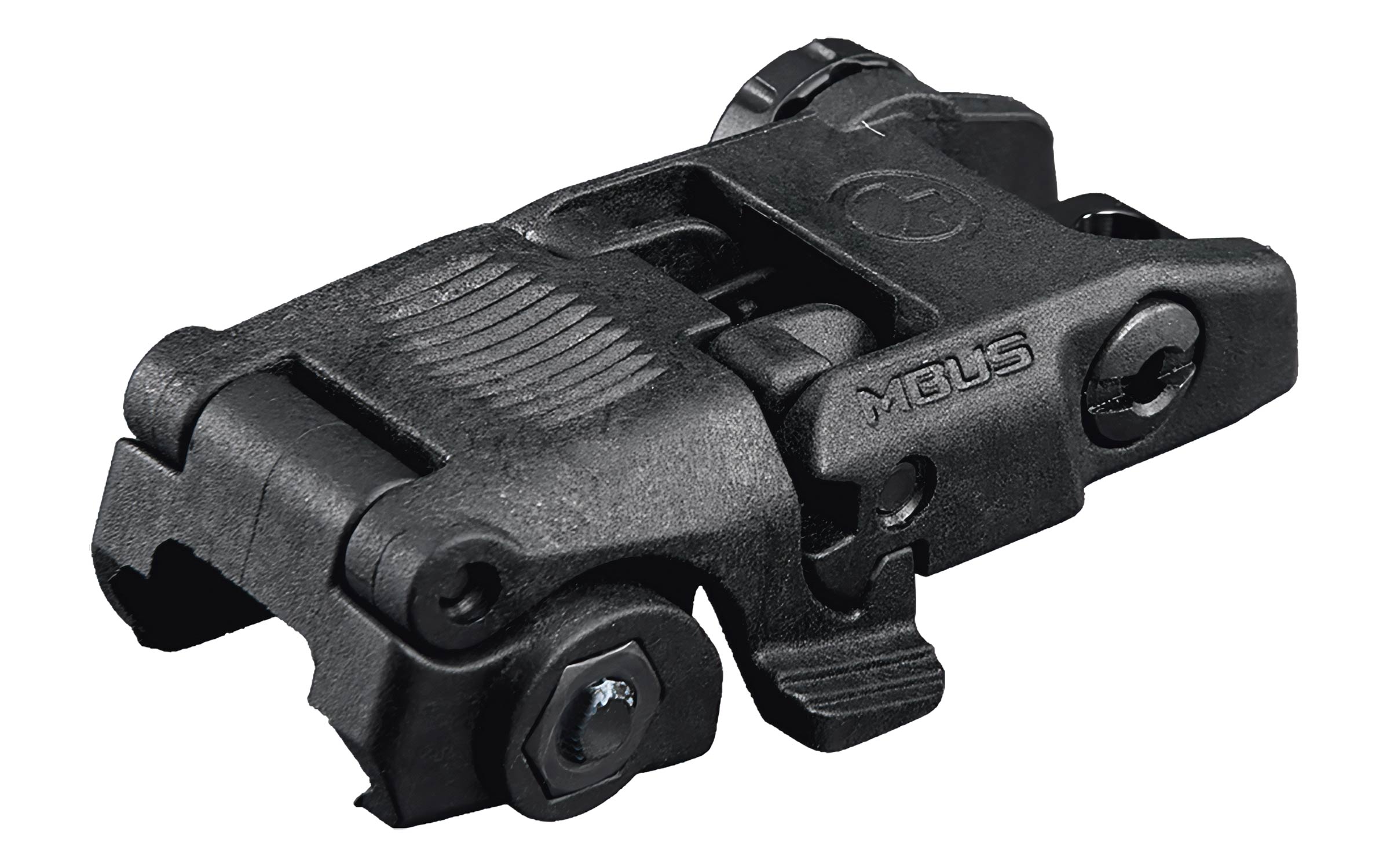 Black folding polymer rifle sight with textured details, screws, and the word MBUS embossed on the side, shown in a closed position on a white background.