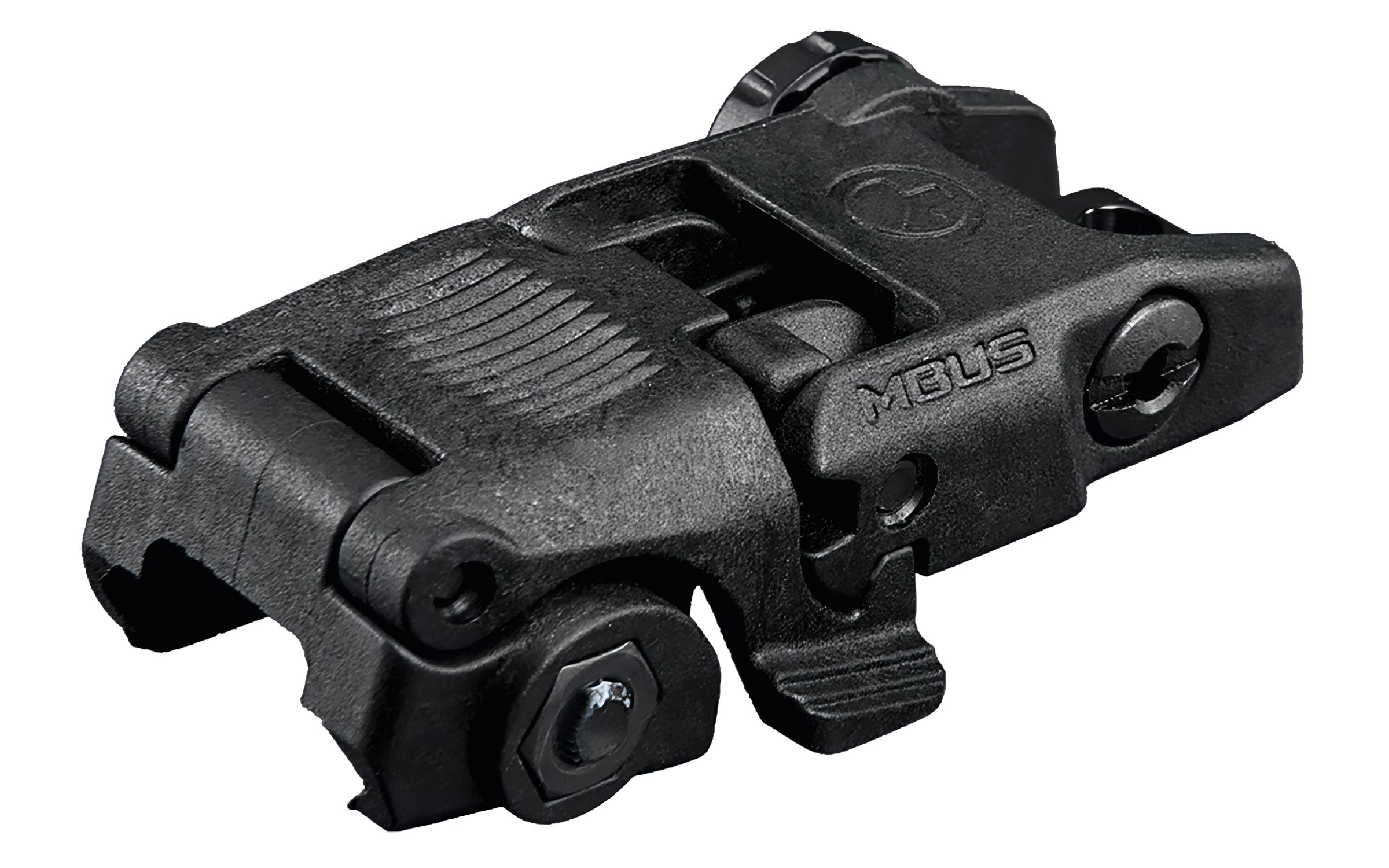 Black polymer flip-up rear sight for a firearm, labeled MBUS, showing textured adjustment surfaces and mounting hardware.