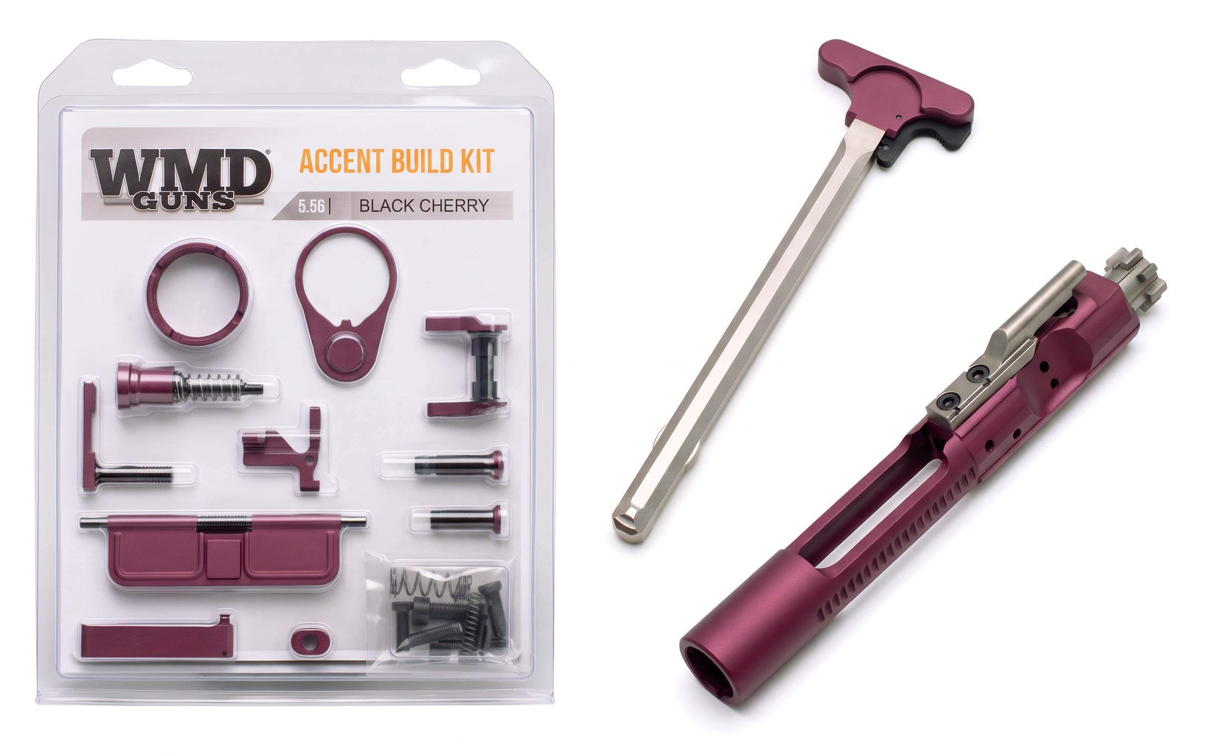 WMD Guns Accent Build Kit and parts in black cherry color are displayed, including rings, screws, and a bolt carrier group, all arranged neatly with a branded package on the left and parts on the right.