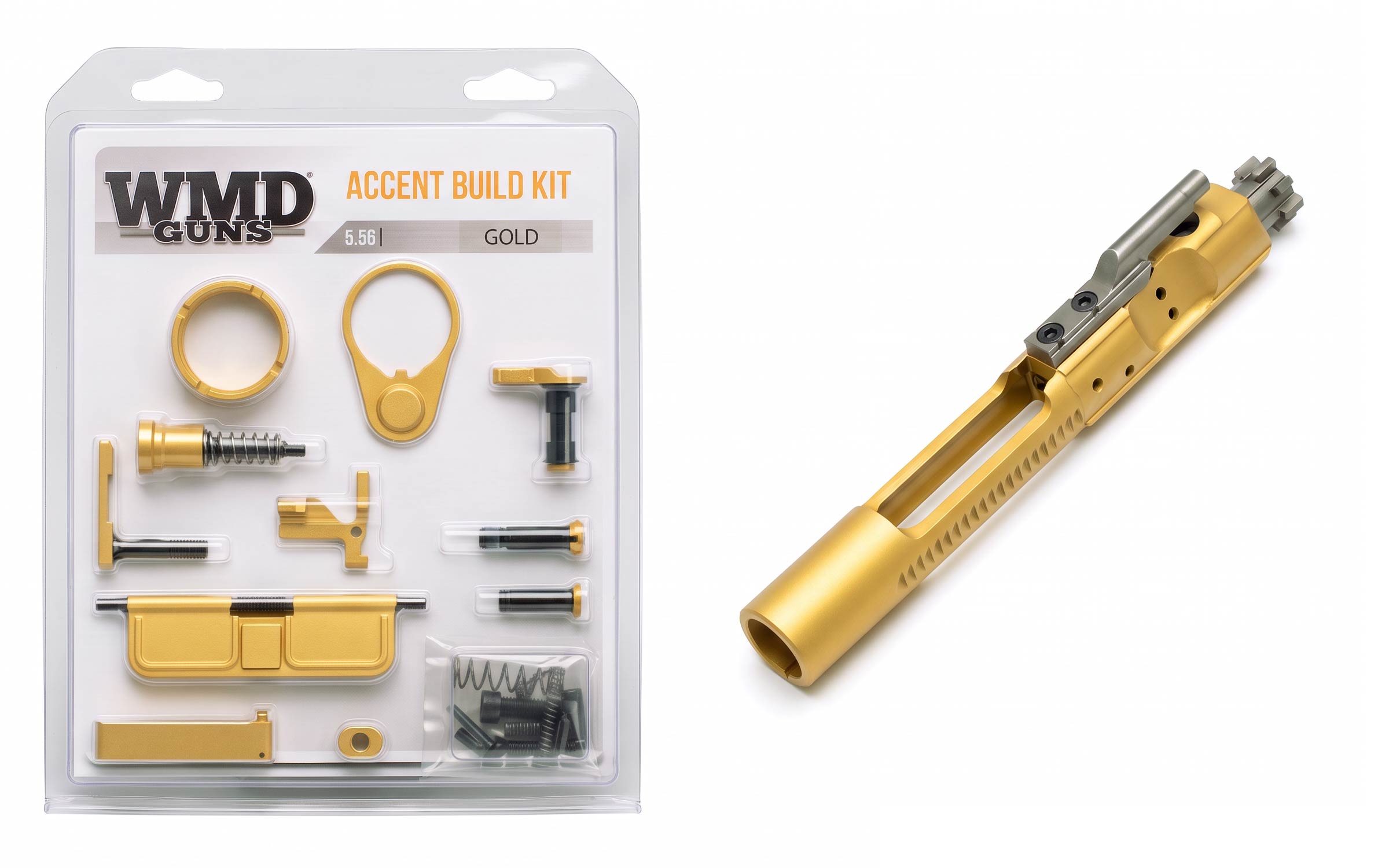 Gold WMD Guns Accent Build Kit with various firearm parts in packaging on the left; gold bolt carrier group separate on the right. Both items are designed for 5.56 caliber rifles.