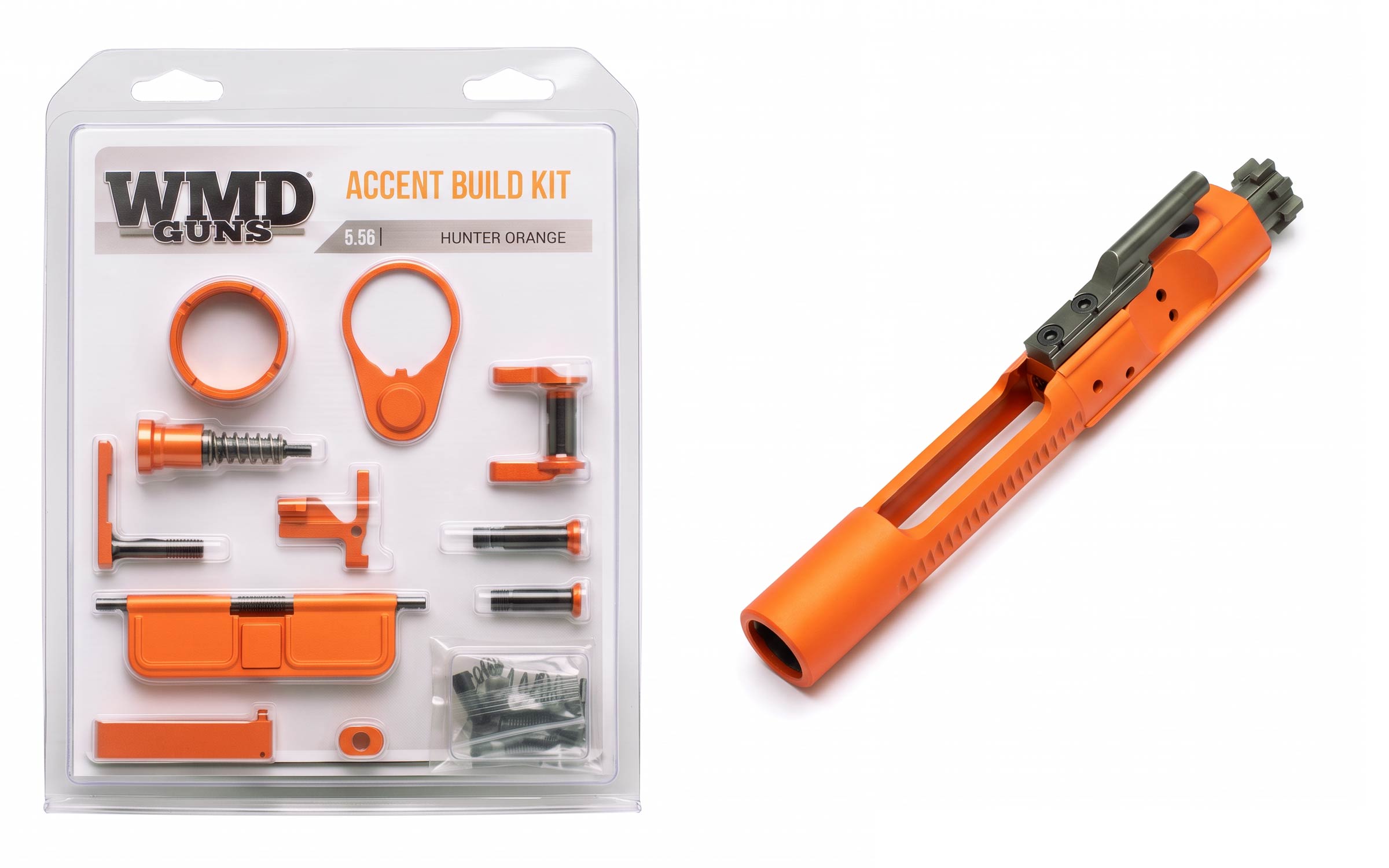 WMD Guns Accent Build Kit in hunter orange, displaying individually arranged gun parts in packaging, alongside a matching orange bolt carrier group placed to the right of the kit.