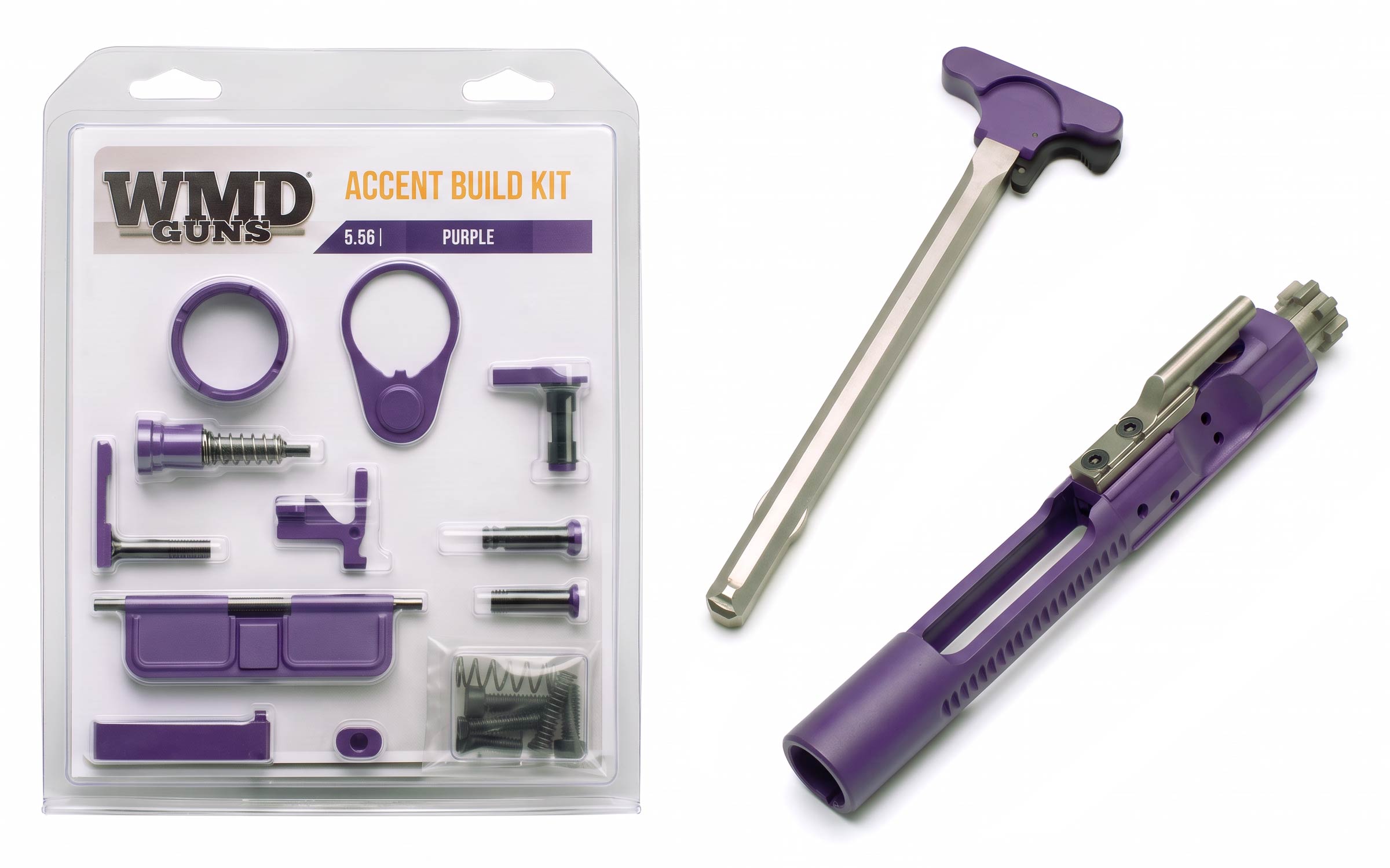 A WMD Guns 5.56 Accent Build Kit with purple firearm parts in packaging is shown beside a purple bolt carrier group and a silver charging handle with a purple latch.