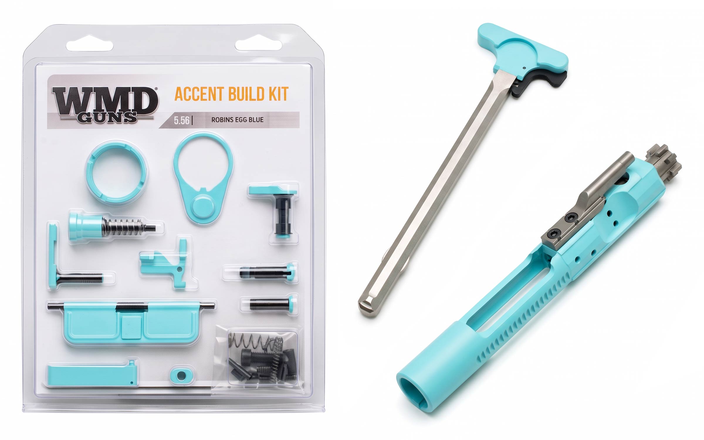 WMD Guns Accent Build Kit in robin egg blue color with assorted gun parts in packaging and two larger gun components displayed separately on a white background.