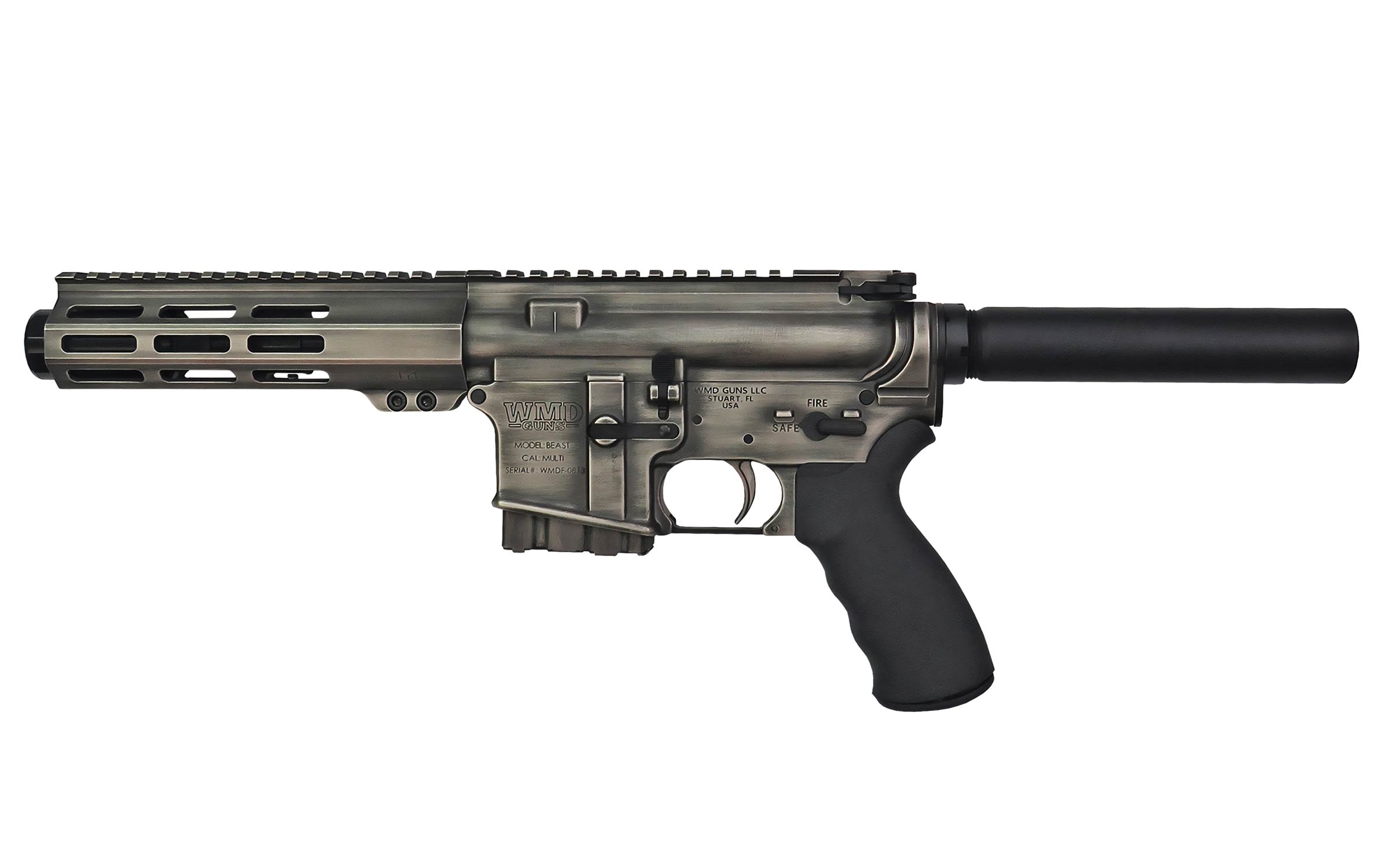 A semi-automatic rifle with a short barrel, black pistol grip, and a cylindrical suppressor attached to the front. The gun has a metallic finish and features a railed handguard.