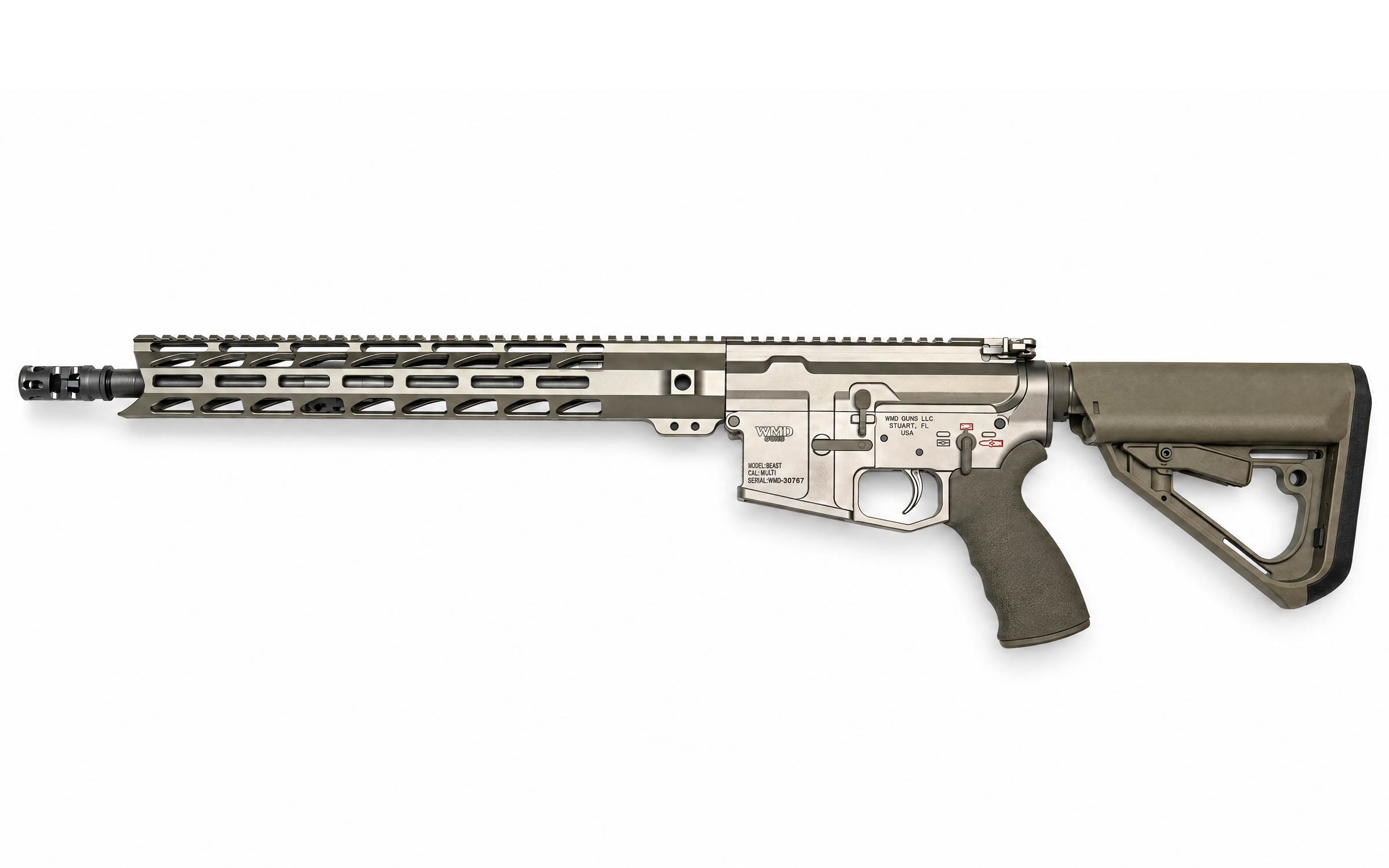 A modern, semi-automatic rifle with a tan and black finish, featuring a long barrel, tactical handguard with rail mounts, and an adjustable stock, displayed on a white background.