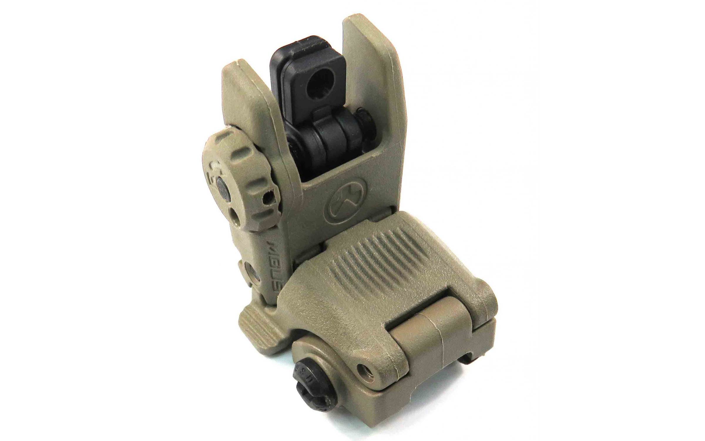 Tan polymer flip-up rear iron sight for a rifle, featuring windage adjustment knob and small aperture, shown in the upright position on a white background.