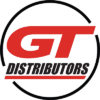 GT Distributors logo featuring bold red GT text above black DISTRIBUTORS text, both inside a partial black circle with two gaps on the left and lower right sides.