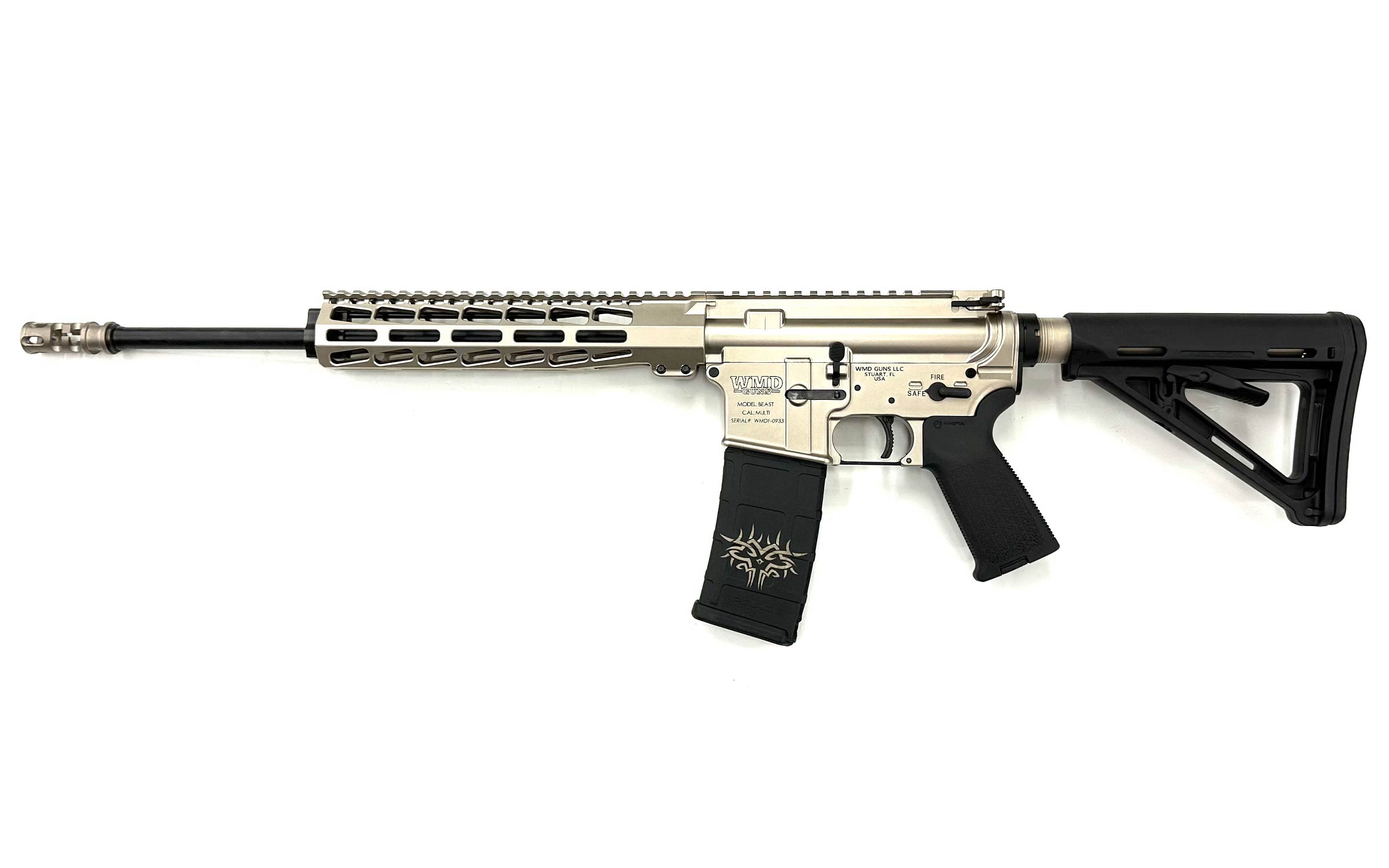 A modern silver and black semi-automatic rifle with a long barrel, tactical handguard, black pistol grip, adjustable stock, and a magazine featuring a white design.
