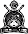 Black and white logo with two crossed sniper rifles, a target sight background, a pistol in a scope at the top, and bold text reading LORCO FIREARMS at the bottom.