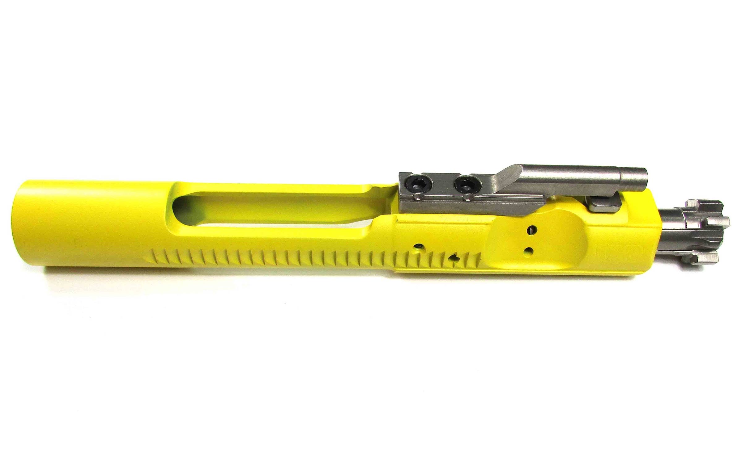 A yellow AR-15 bolt carrier group with a metallic bolt and cam pin, shown on a white background.