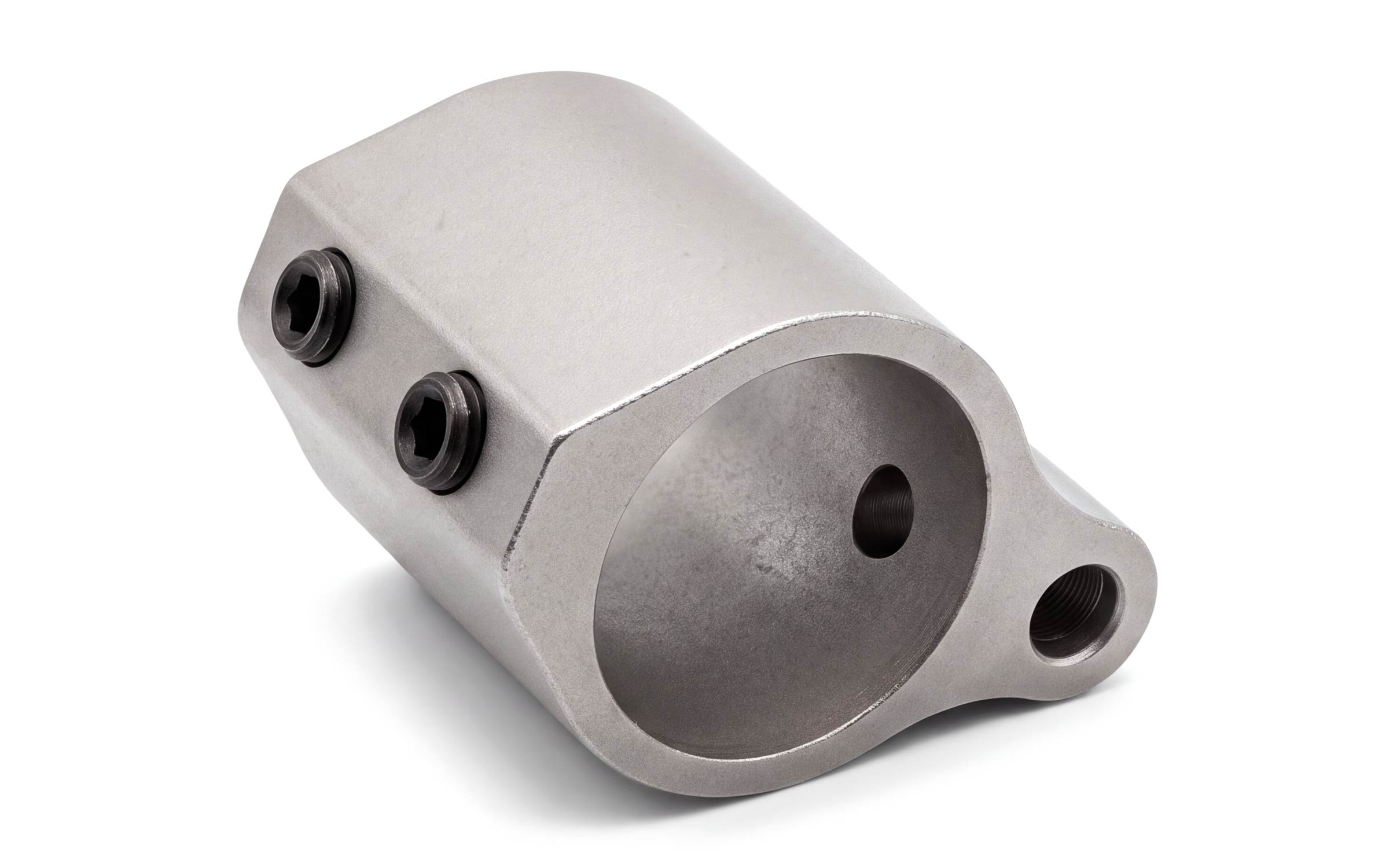 A metallic cylindrical mechanical part with a large central opening, two black hex screws on one side, and an additional threaded hole on a flat extension.
