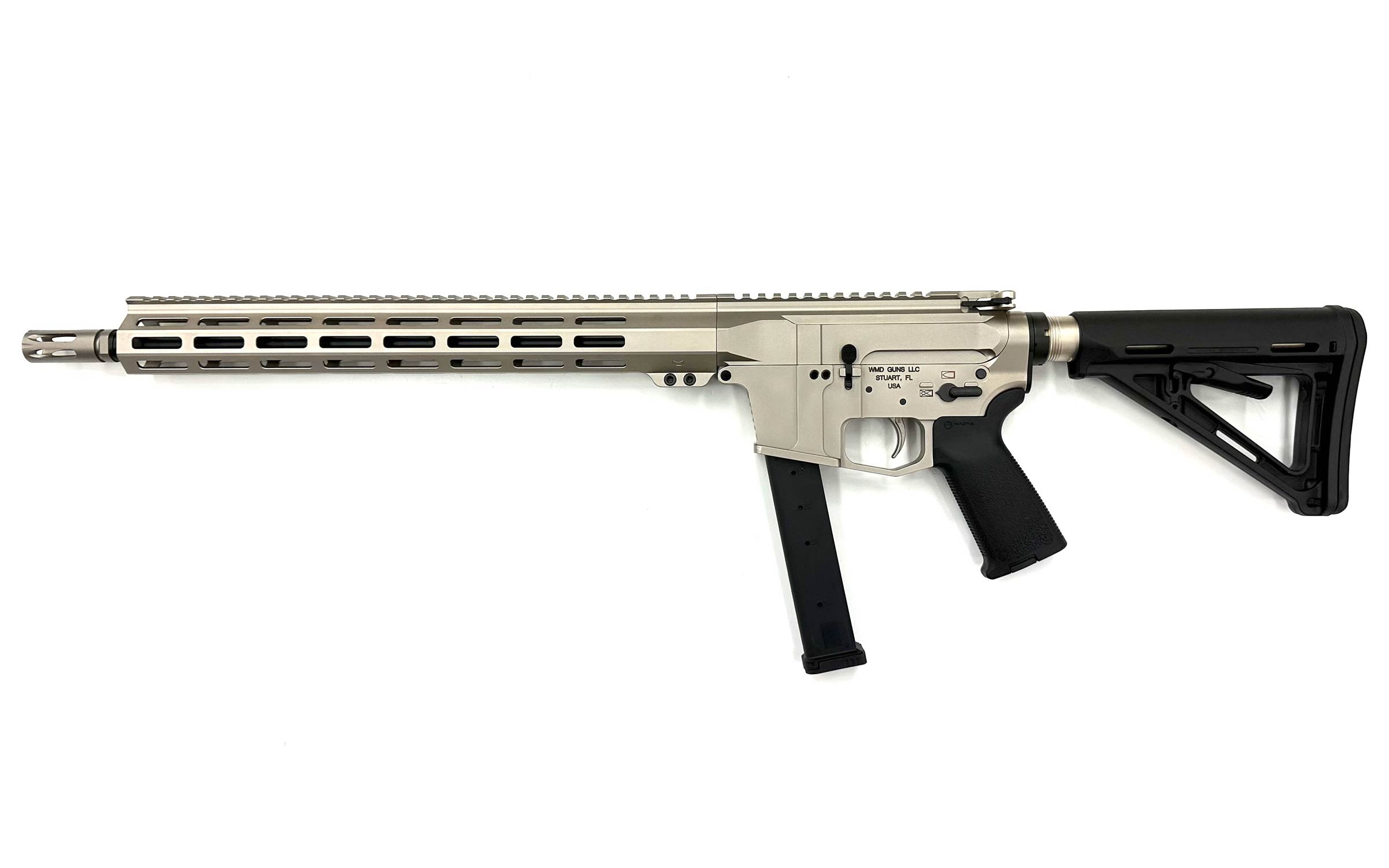 A silver and black semi-automatic rifle with a long barrel, adjustable stock, and rail system, displayed on a white background.