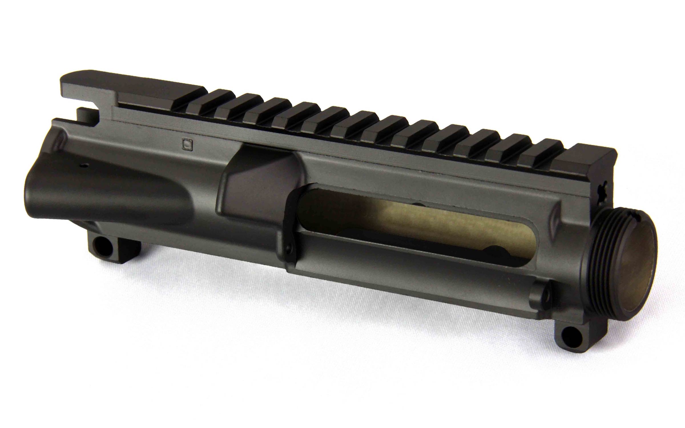 A black metal firearm upper receiver with a Picatinny rail on top, shown on a white background.