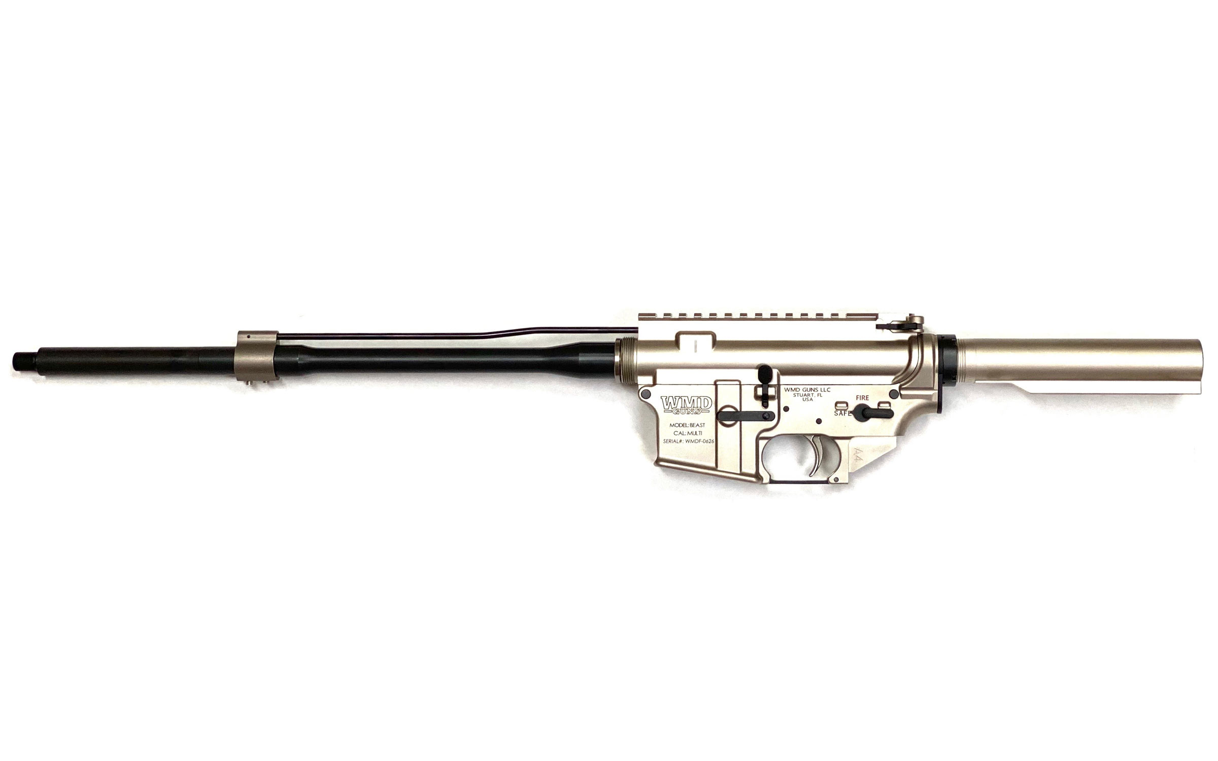 A partially assembled AR-15 rifle upper receiver, showing the barrel, gas tube, and stock, without the handguard, magazine, or other components.
