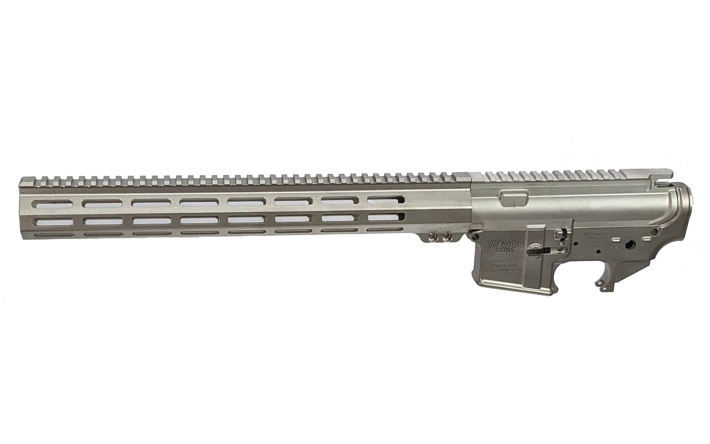Silver AR-15 style rifle upper and lower receiver set with a long handguard featuring multiple slots and a Picatinny rail on top, viewed from the side against a white background.