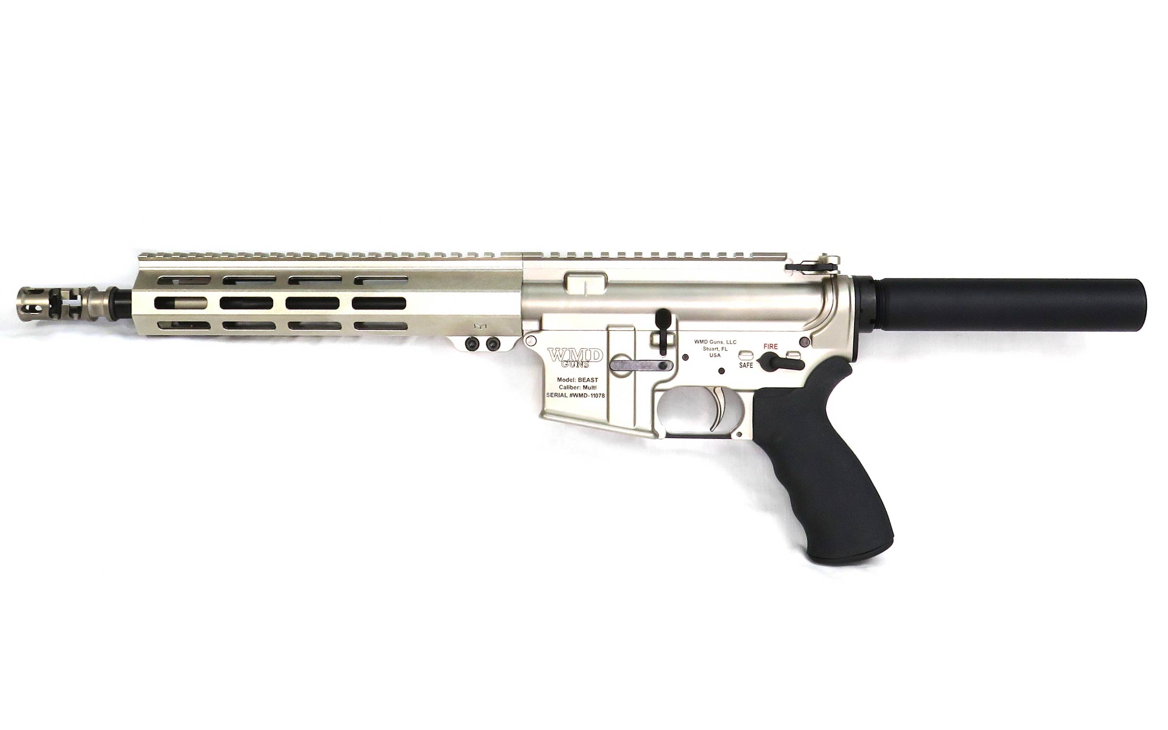 A silver and black semi-automatic rifle with a short barrel, long handguard, and suppressor, shown in profile on a white background.