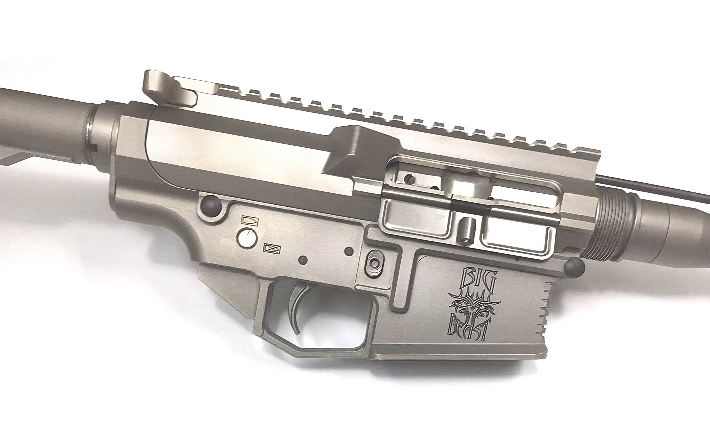 Matte silver AR-15 rifle receiver with a custom BIG DOG engraving, shown on a white background.