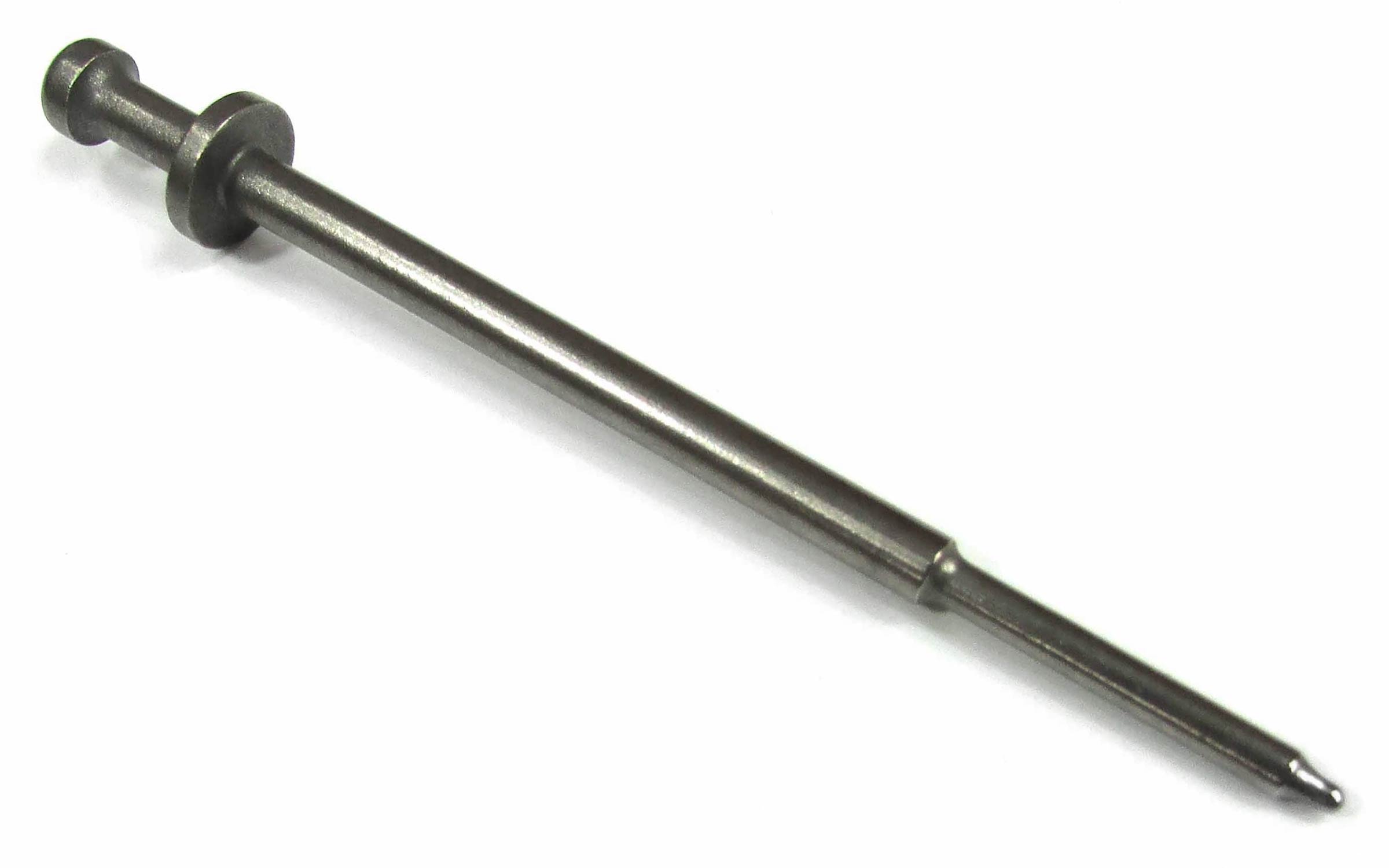 A metal rod with two circular flanges near one end and a tapered tip at the other, resembling a mechanical or industrial component, placed on a white background.