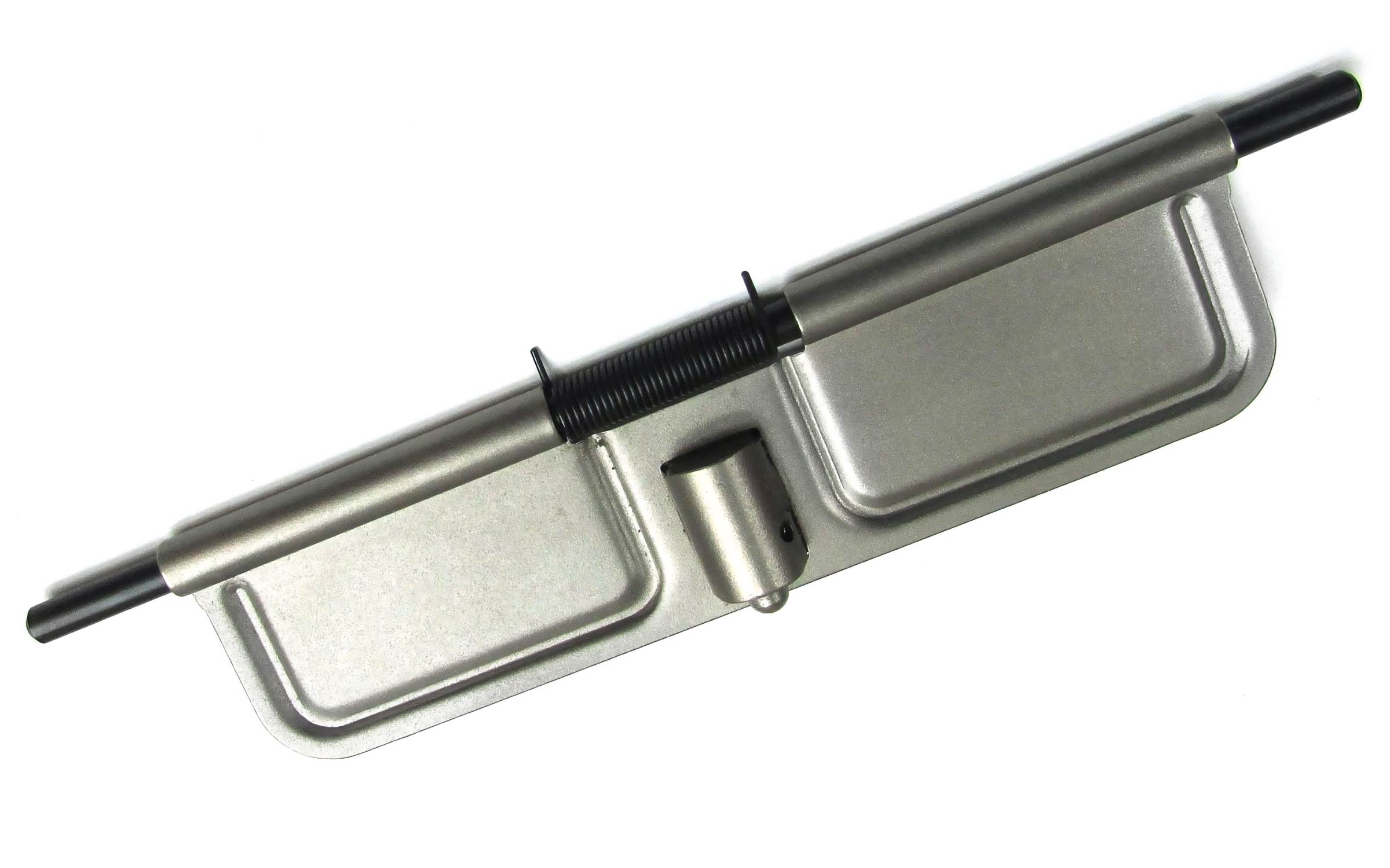 A silver metal AR-15 ejection port cover assembly with a spring and rod, displayed on a white background.