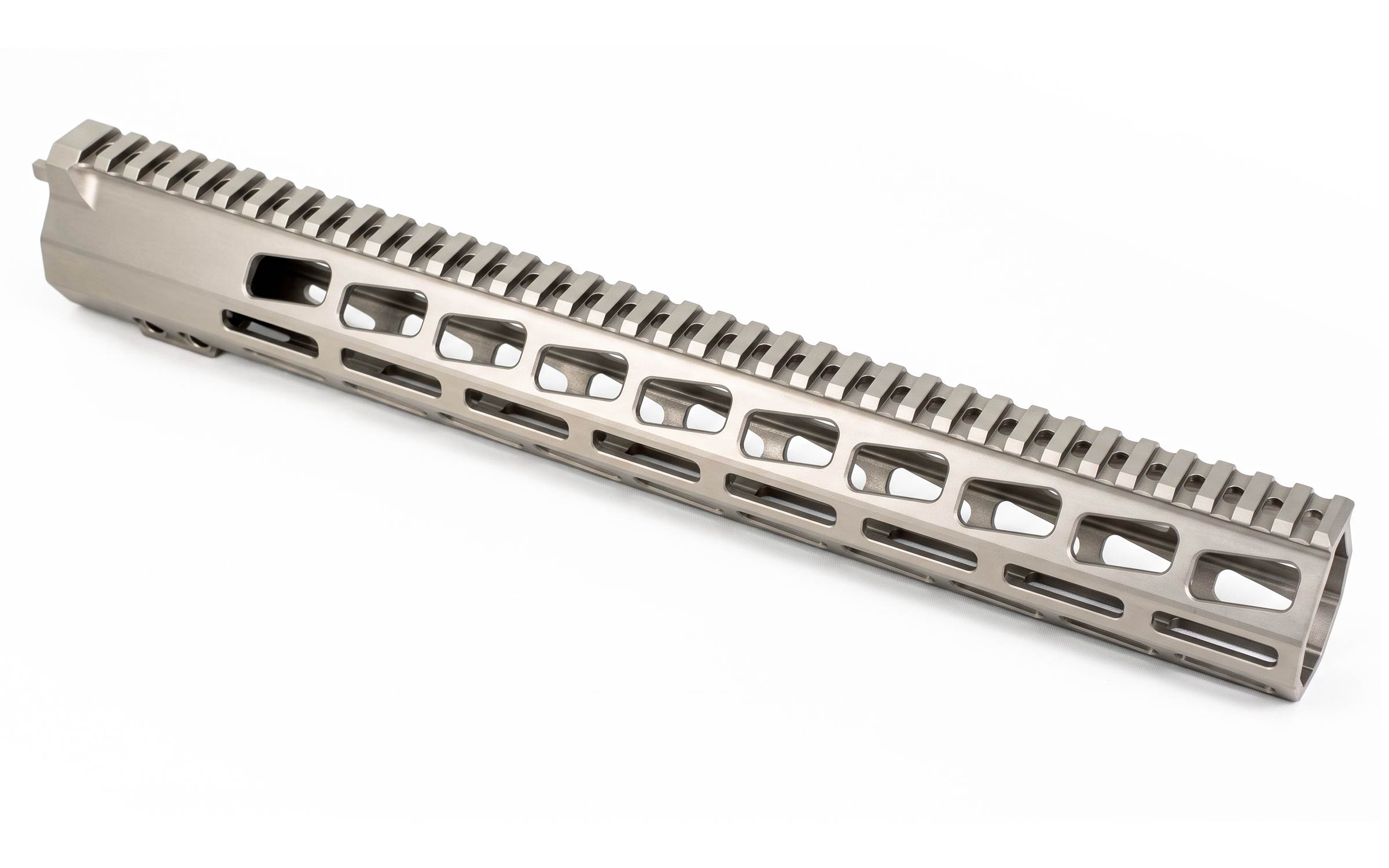 A metallic, ventilated handguard for a rifle, featuring a Picatinny rail on top and multiple rectangular cutouts along the sides, photographed on a white background.