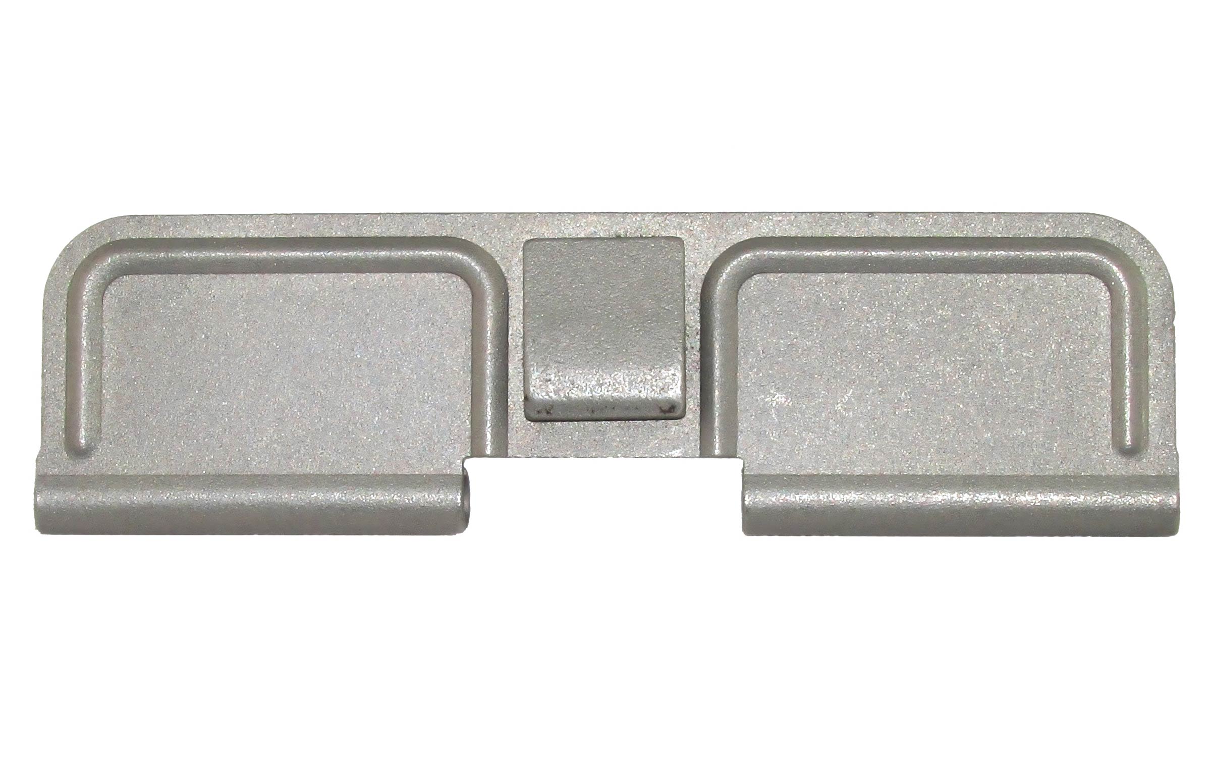 Rectangular metallic part with rounded edges, a central raised square section, and two indented rectangles on either side. Likely a component for machinery or equipment.