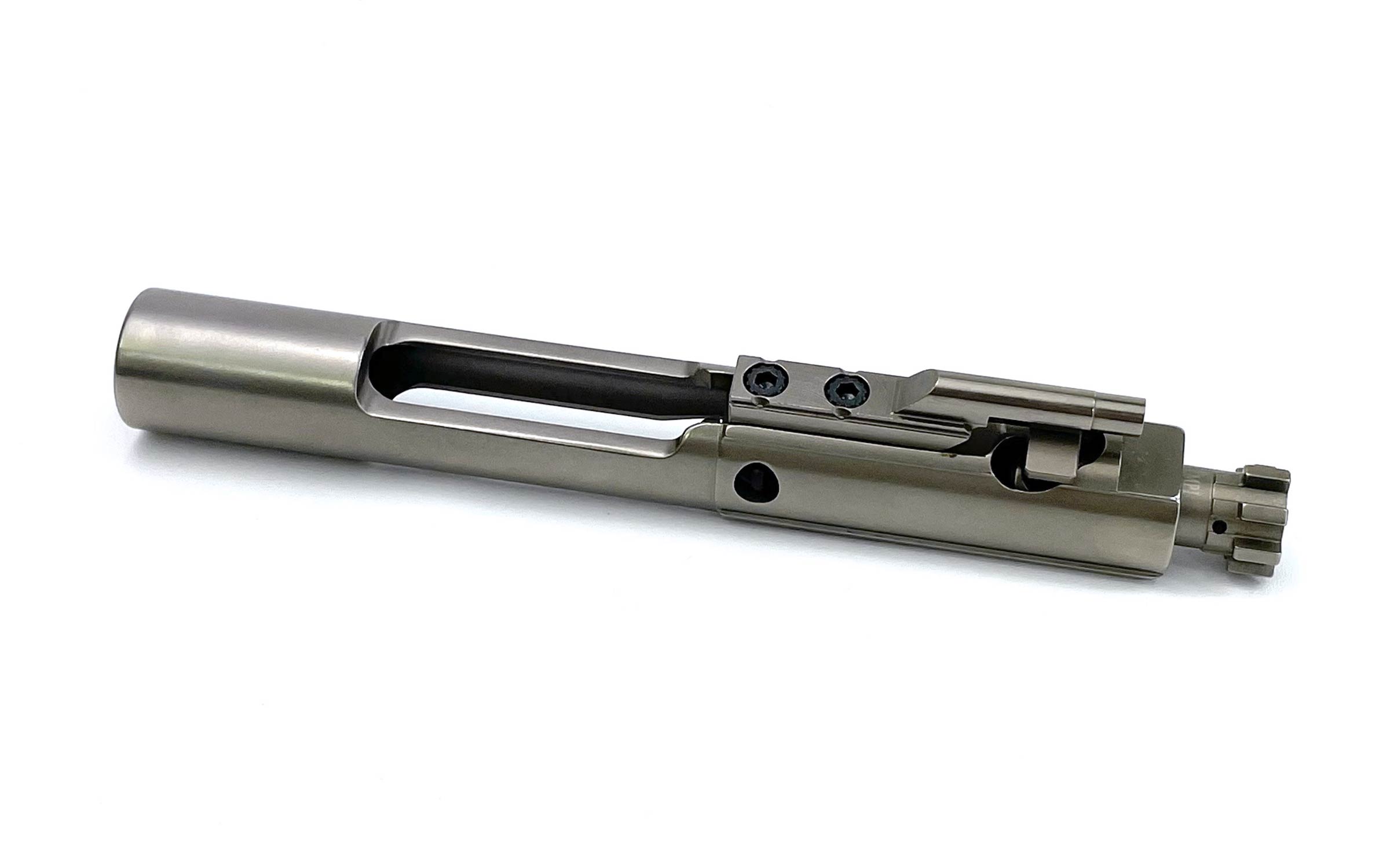 A metallic AR-15 bolt carrier group with a cylindrical body, cutouts, and a multi-lug bolt head, displayed on a white background.