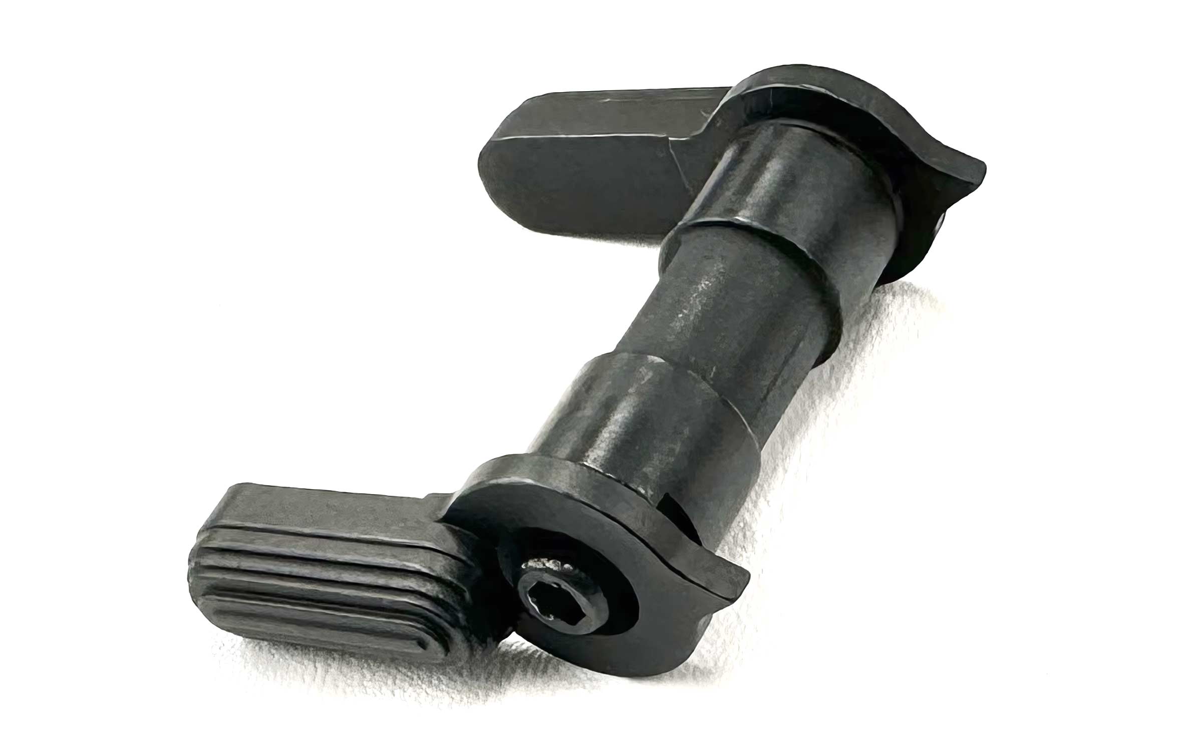 A black metal ambidextrous safety selector switch for a firearm, shown on a plain white background. The part has lever arms on both sides and a textured grip on one end.