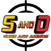 Logo with a black crosshair in the background. The text reads S and D Guns and Ammos in bold yellow, orange, and red letters, with S and D prominently highlighted.