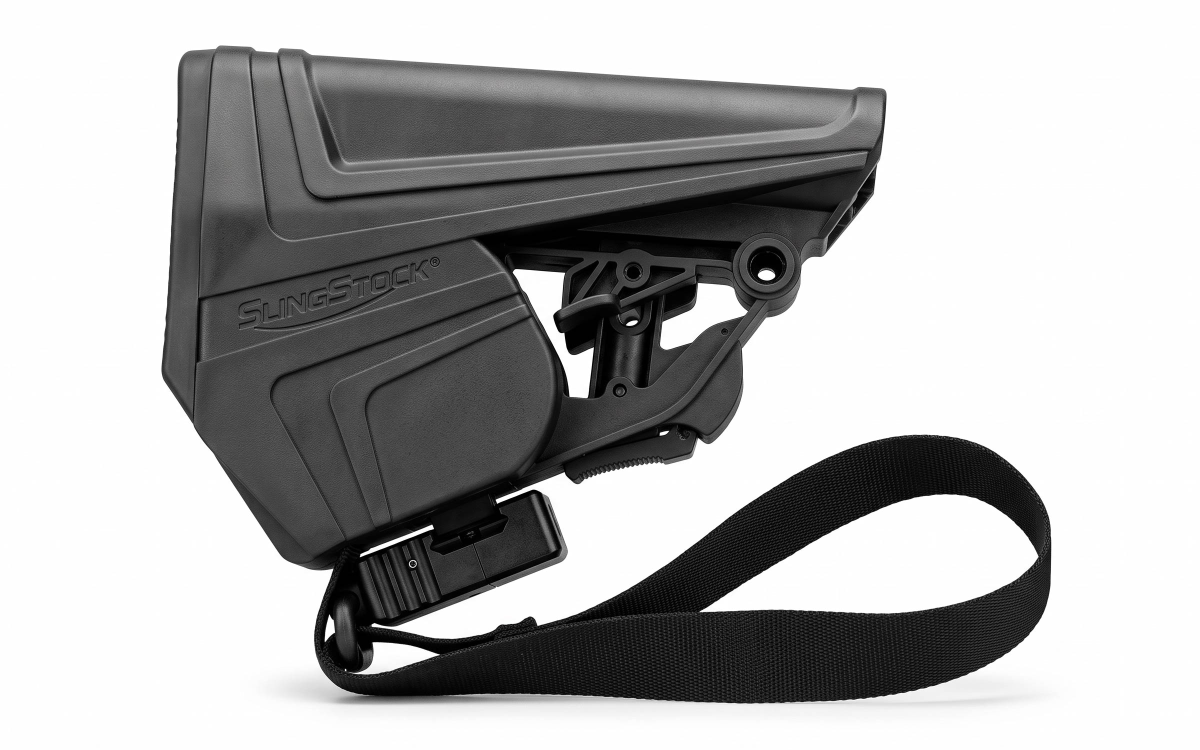 A black adjustable rifle buttstock with a built-in sling and textured design, displayed on a white background.