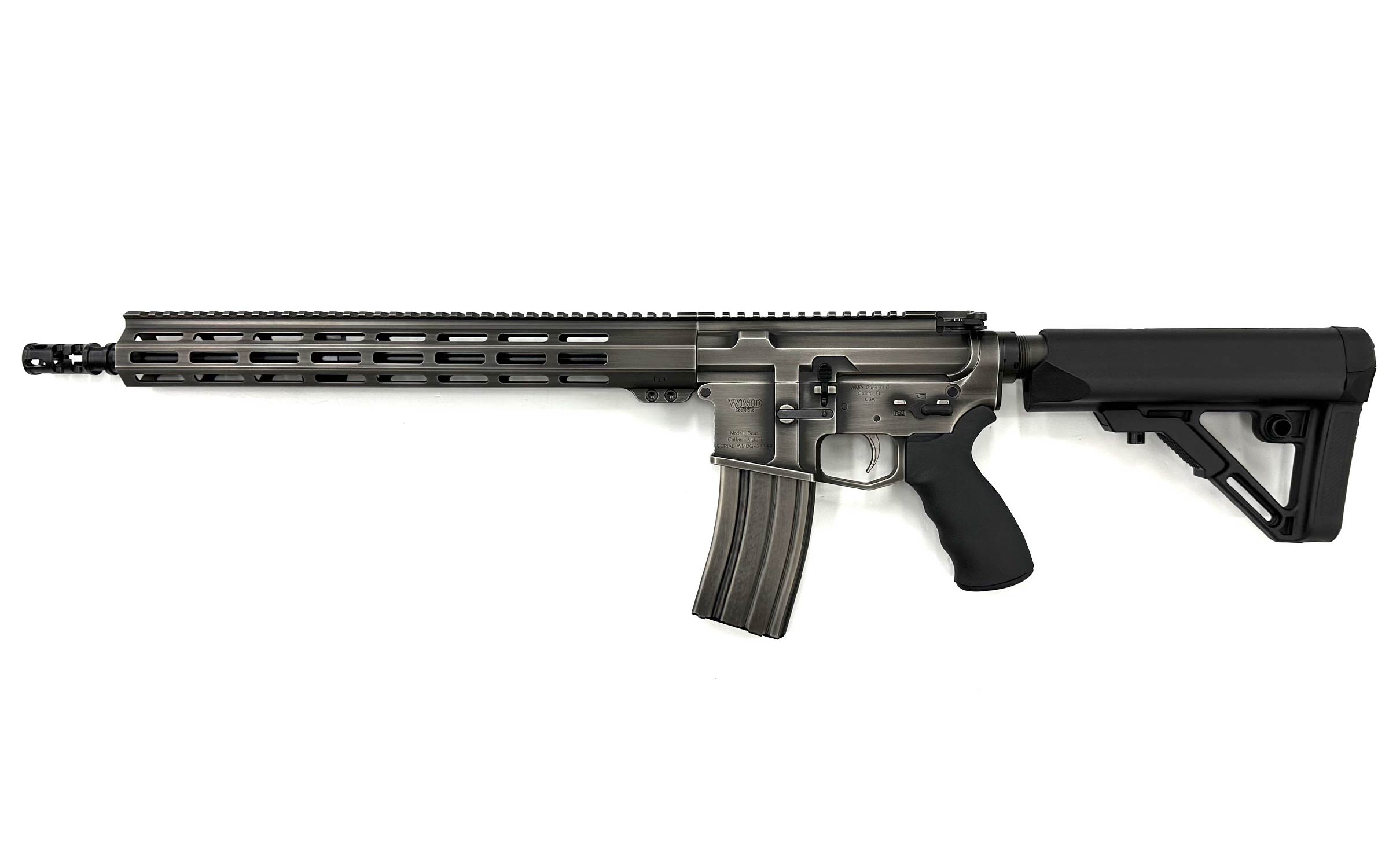 A modern AR-15 style semi-automatic rifle with a black adjustable stock, pistol grip, and a long handguard featuring a rail system. The magazine is inserted and the firearm is displayed on a white background.