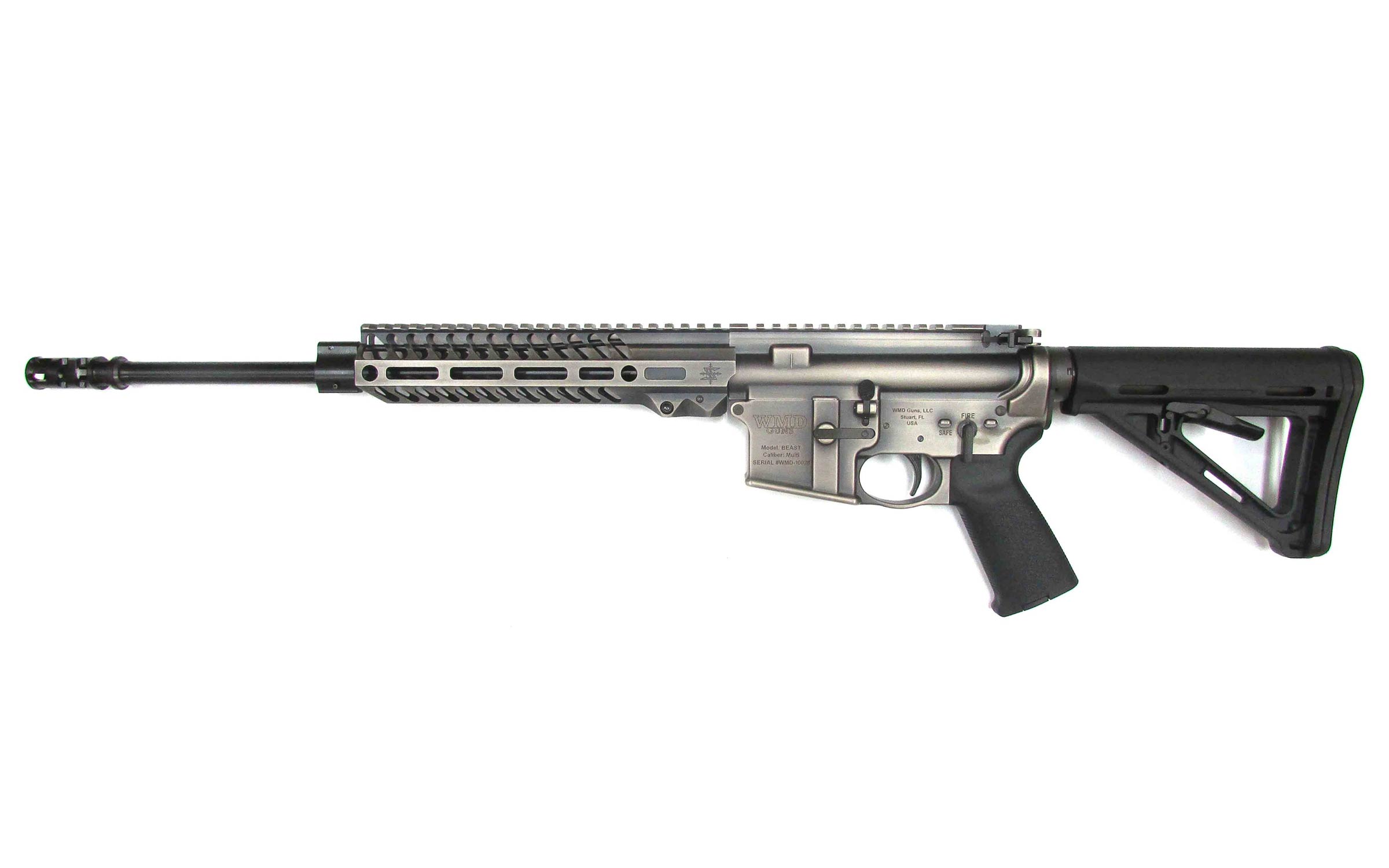 A black and silver semi-automatic rifle with a long barrel, adjustable stock, and tactical rail, displayed on a plain white background.