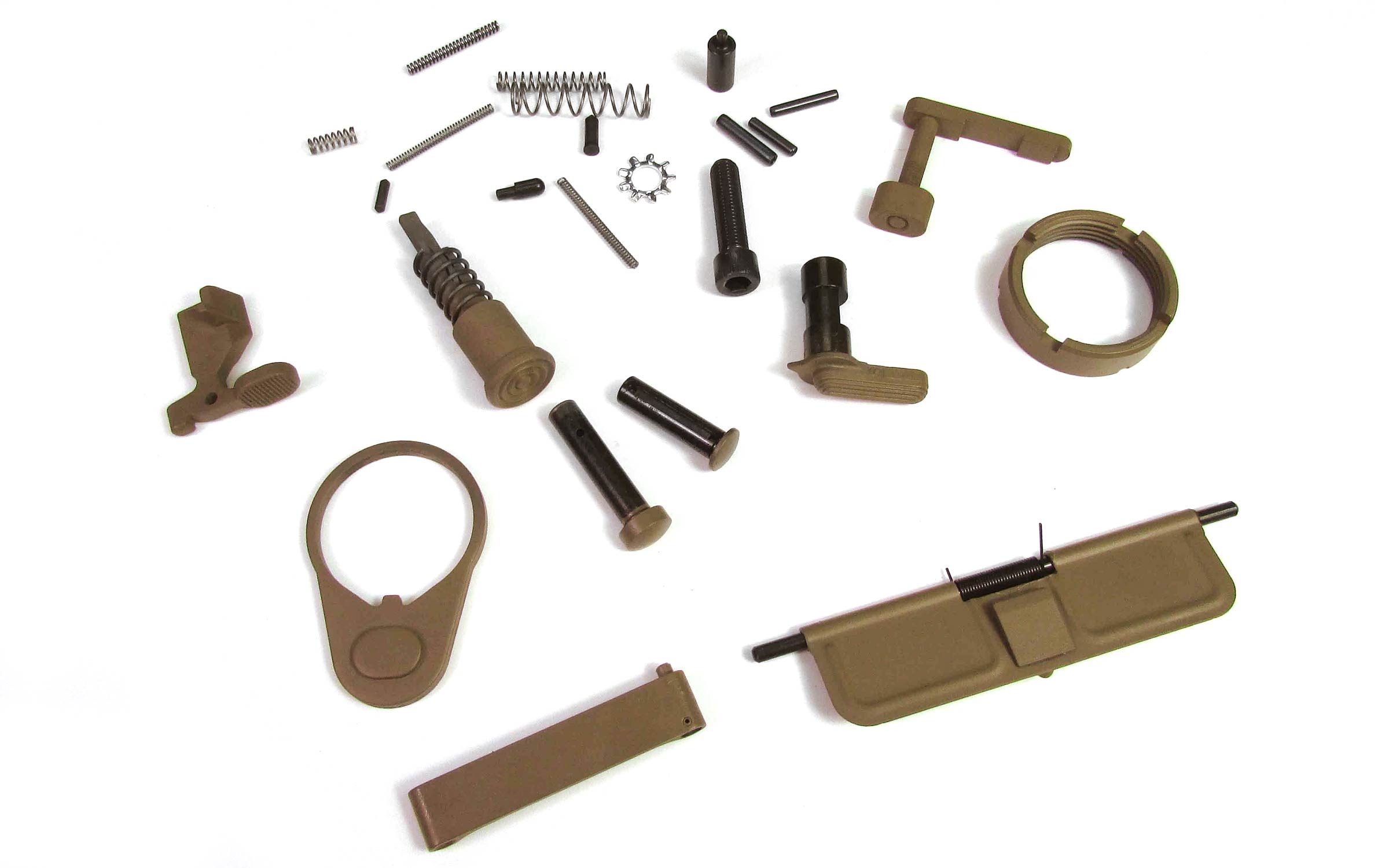A collection of small tan-colored firearm parts, including pins, springs, levers, and a dust cover, arranged on a white background.