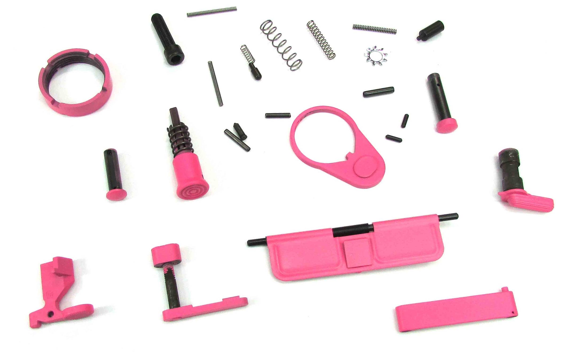 Assorted small gun parts in bright pink color, including pins, springs, levers, and covers, arranged on a white background.