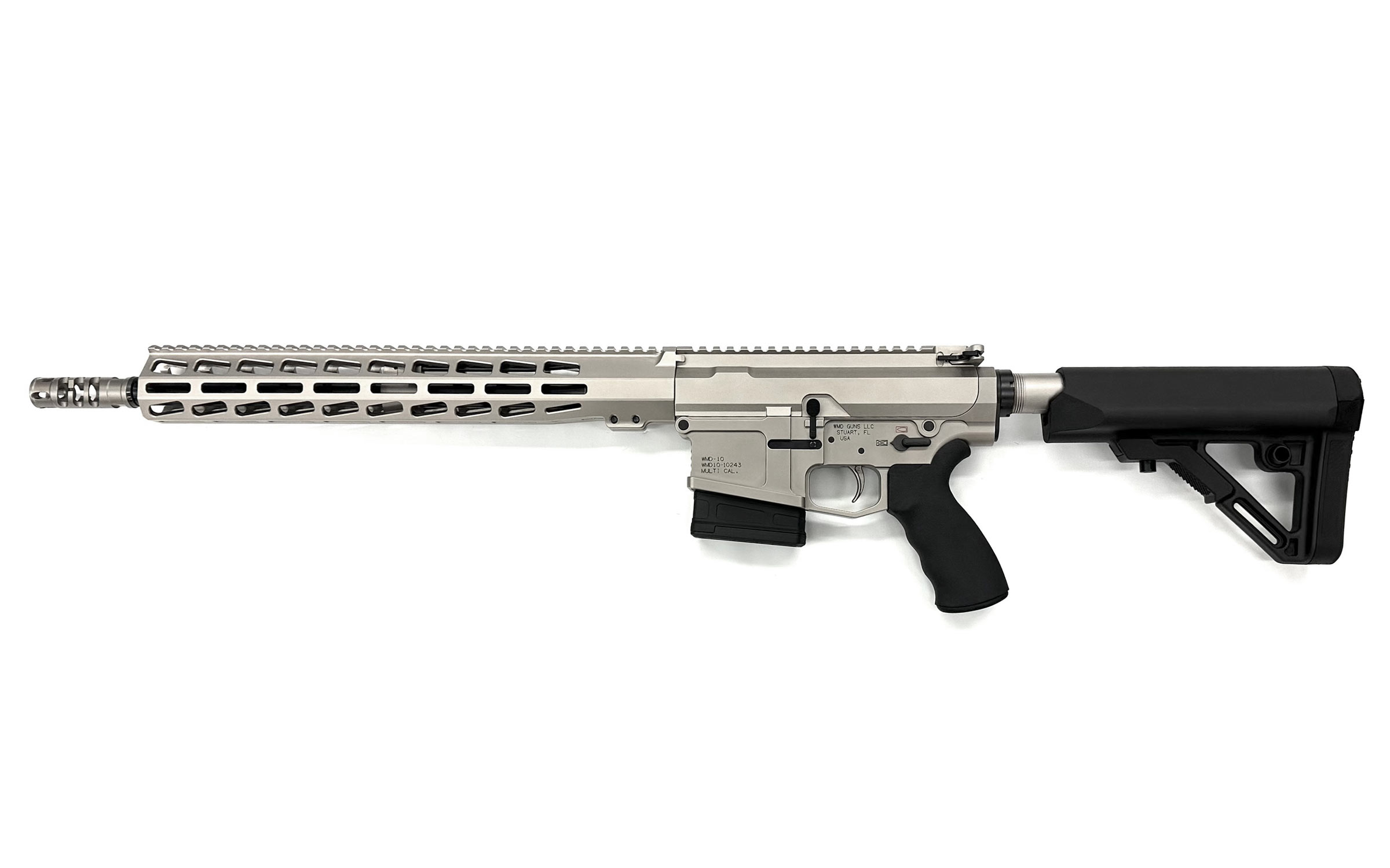 A silver and black semi-automatic rifle with a vented handguard, pistol grip, adjustable stock, and no magazine inserted, displayed on a white background.