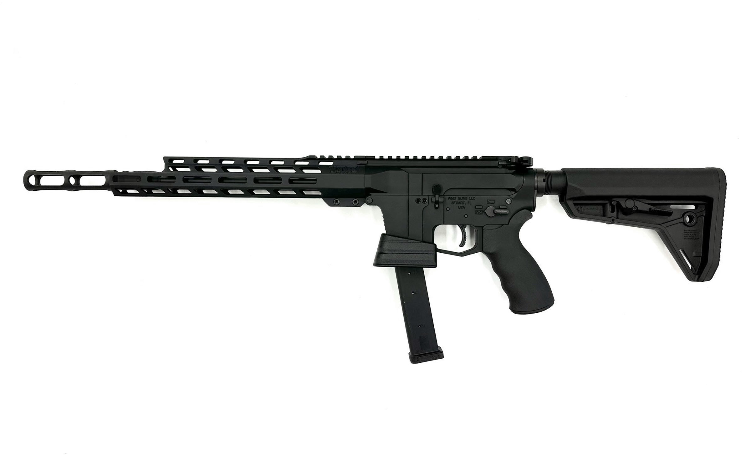 A black semi-automatic rifle with a long barrel, a pistol grip, an adjustable stock, and a detachable magazine, displayed on a white background.