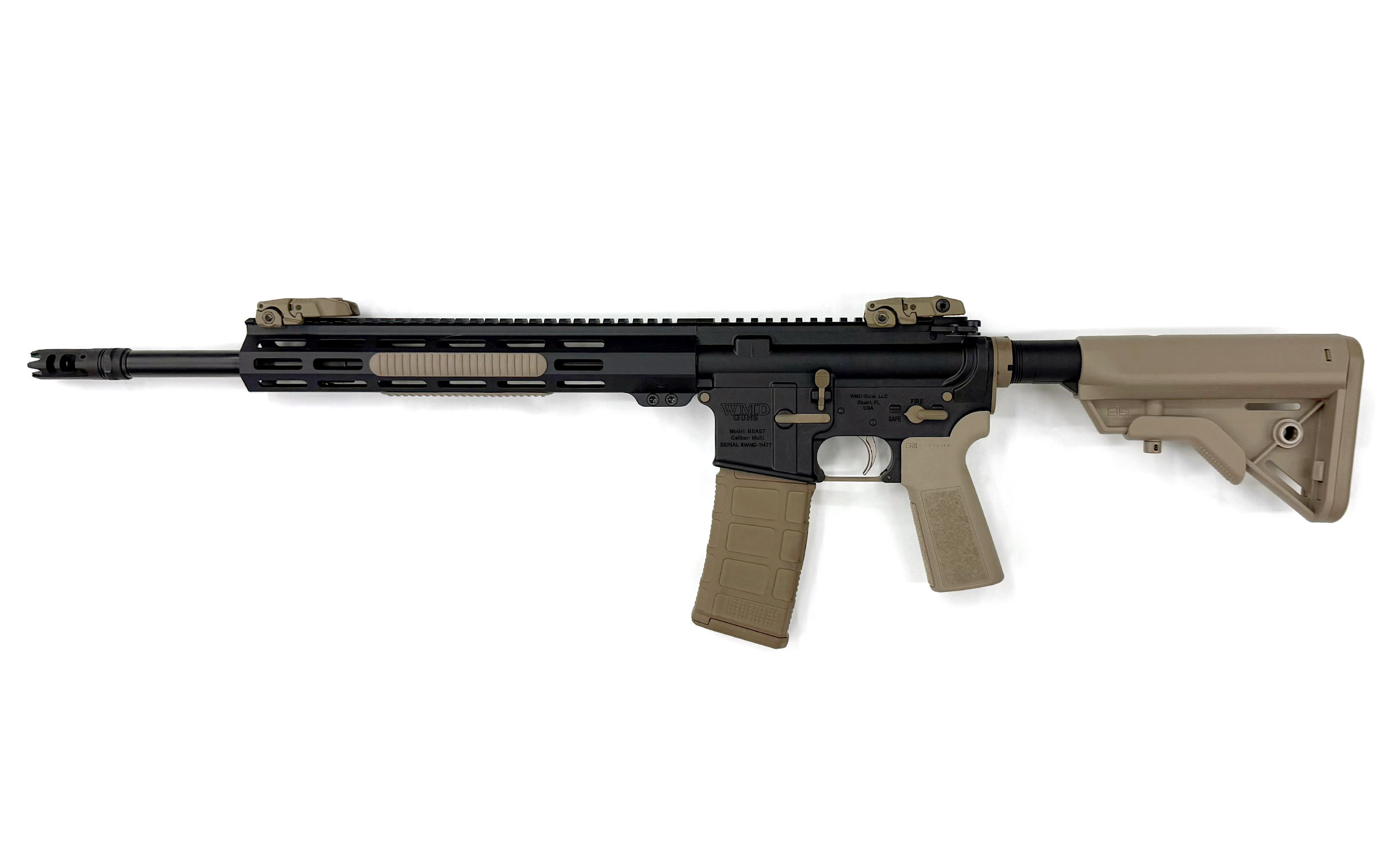 Black and tan semi-automatic rifle with a collapsible stock and iron sights against a white background.