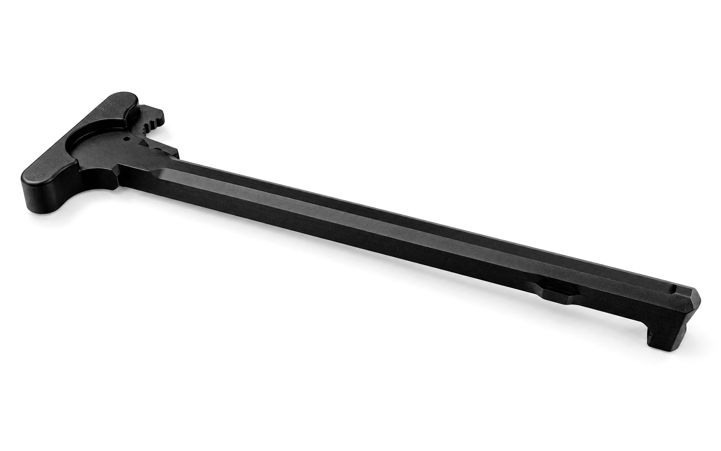 Black charging handle for an AR-style rifle.