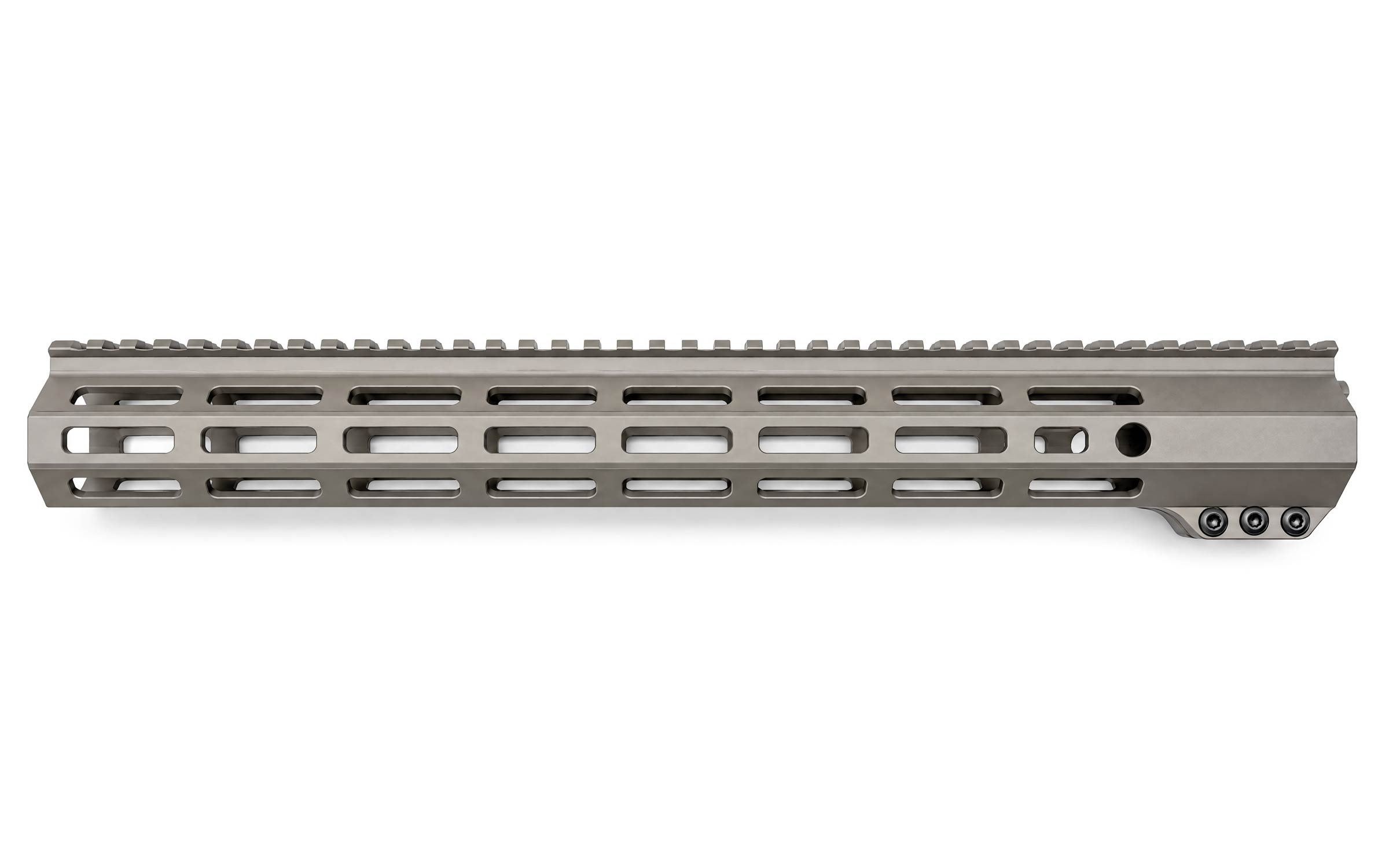 Gray metal rifle handguard with M-LOK slots and a top Picatinny rail.