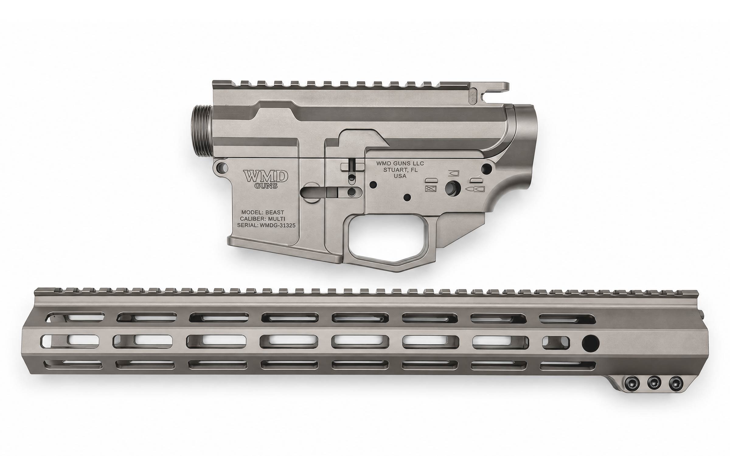 An AR-style stripped lower receiver and a modular handguard in a metallic gray finish.